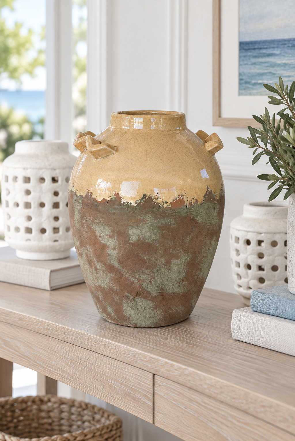 Tall Honey Moss Crackle Glaze Handled Vase - Magpie Style
