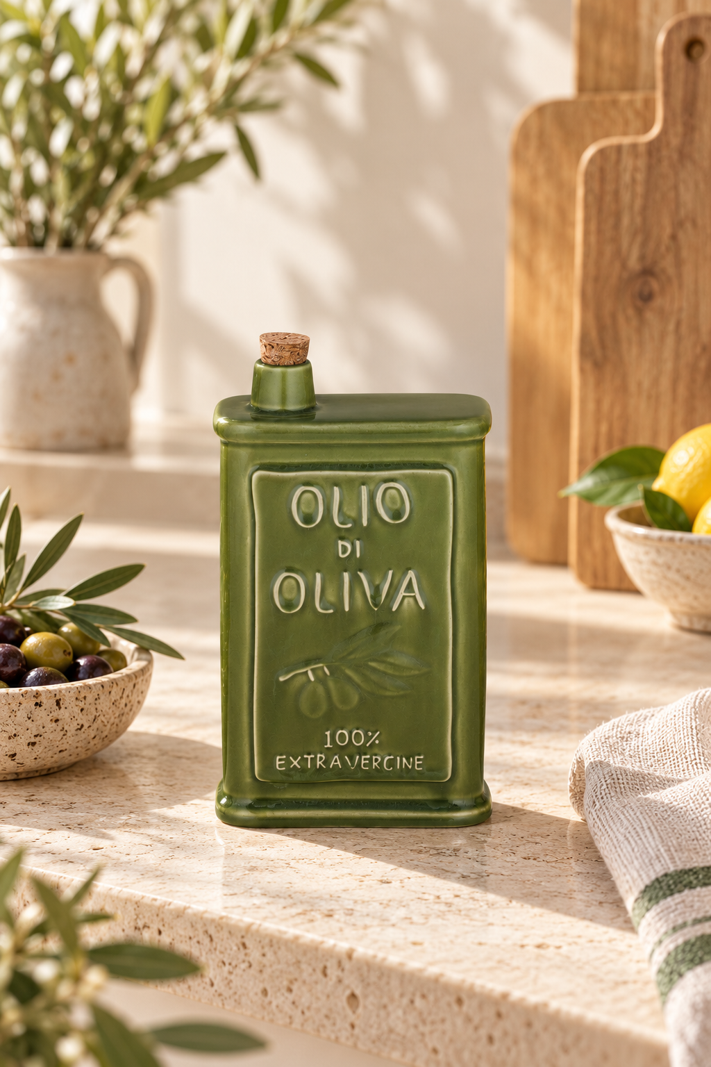 Olive Green Ceramic Olive Oil Bottle styled in a sunlit coastal home; Coast to Coast KW2295