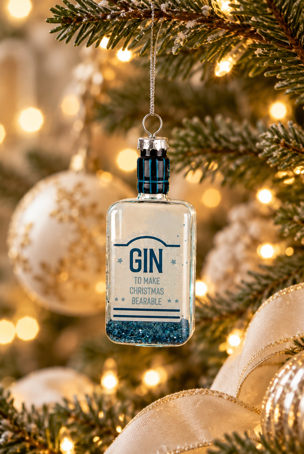 Gin Bottle Glass Tree Ornament - Blue styled in a warm festive home; Coast to Coast XX10344