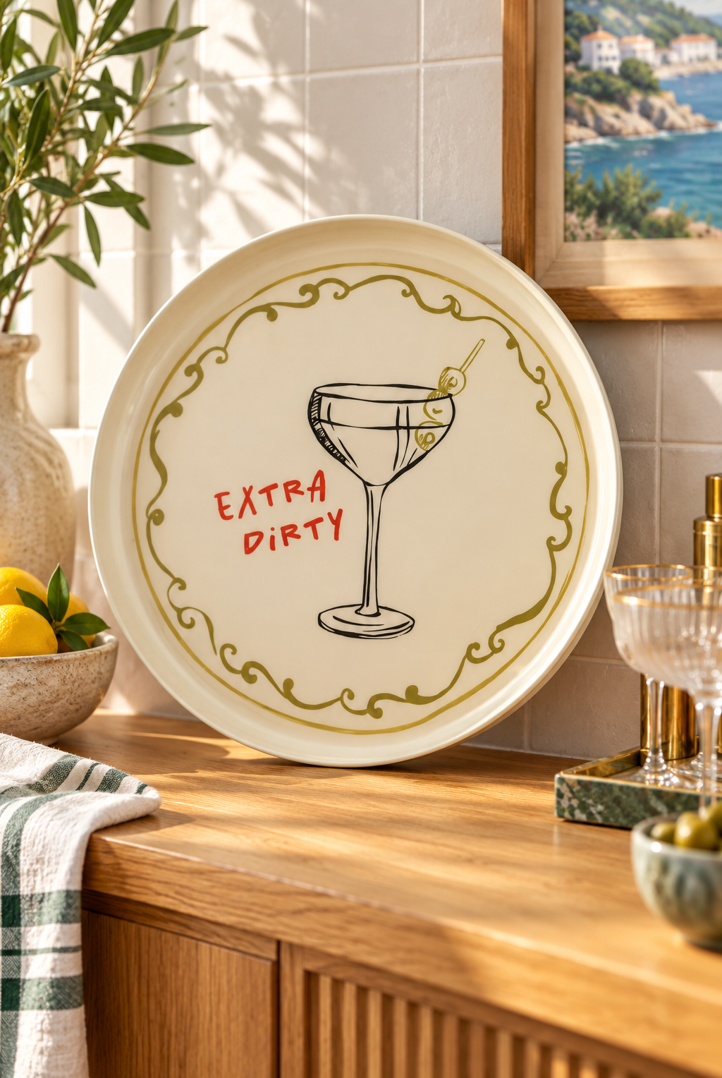Dirty Martini Metal Tray - Ivory styled in a sunlit coastal home; Coast to Coast KW3421