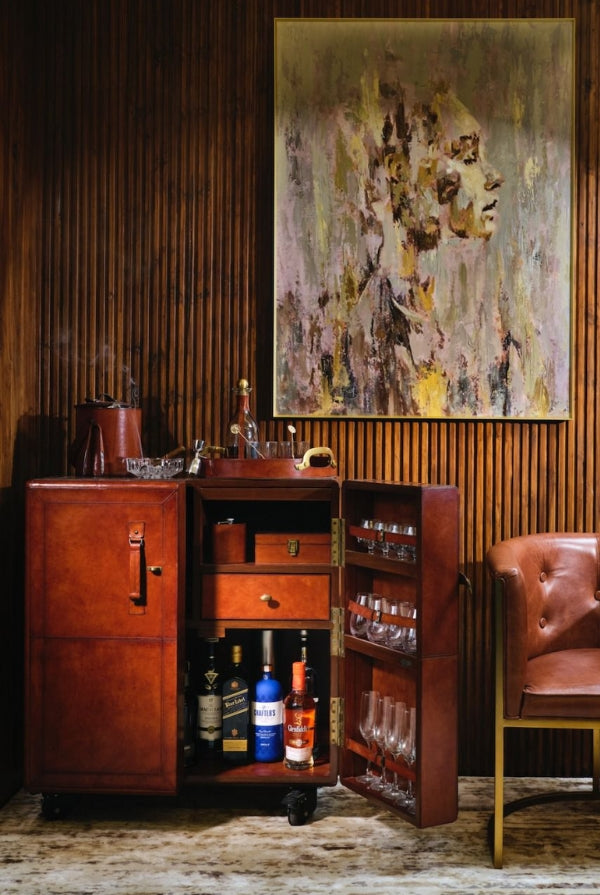Tan Leather Bar Cabinet - Magpie Style