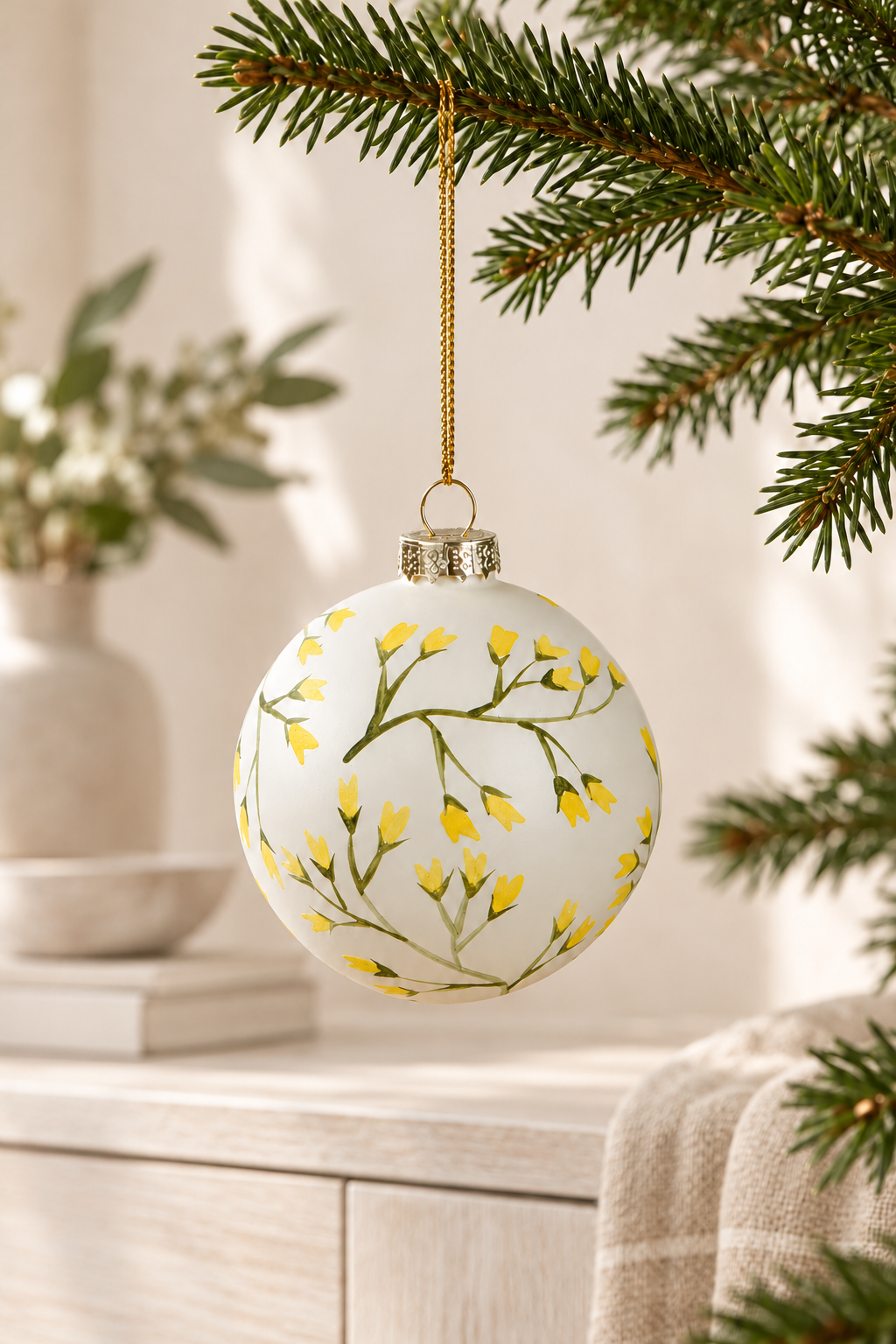 Glass Bauble - White styled indoors with pale whitewashed furniture and summer light; Coast to Coast XX10865WHITE