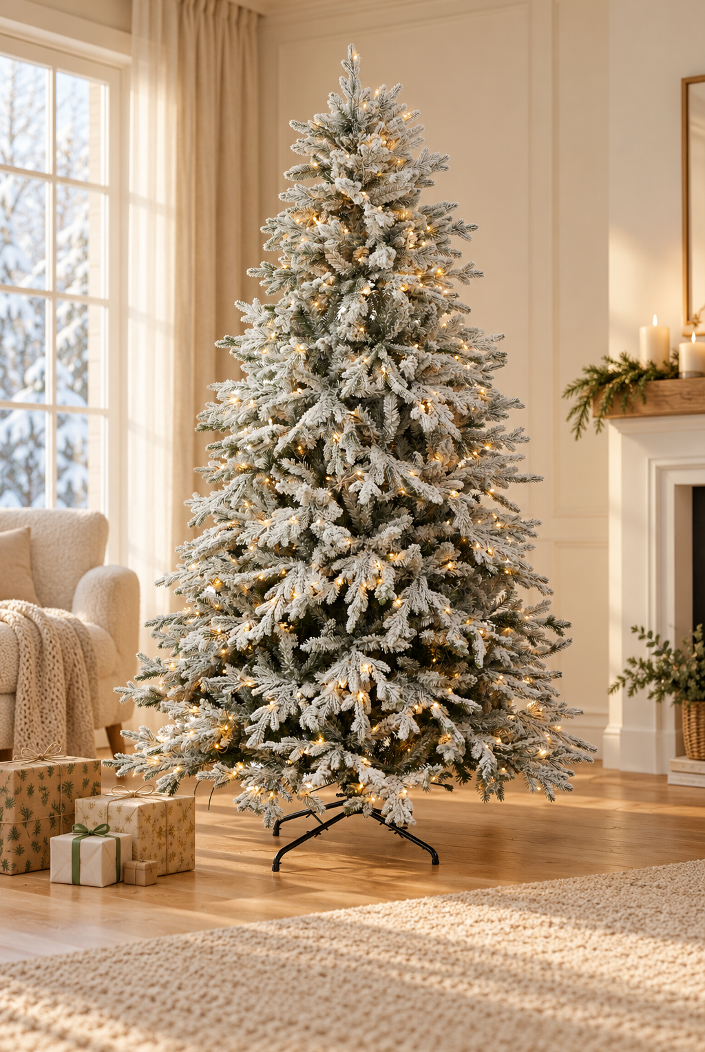 Snow-Finish Christmas Tree with LED Tips - 210cm styled in a warm festive home; Coast to Coast XM0948