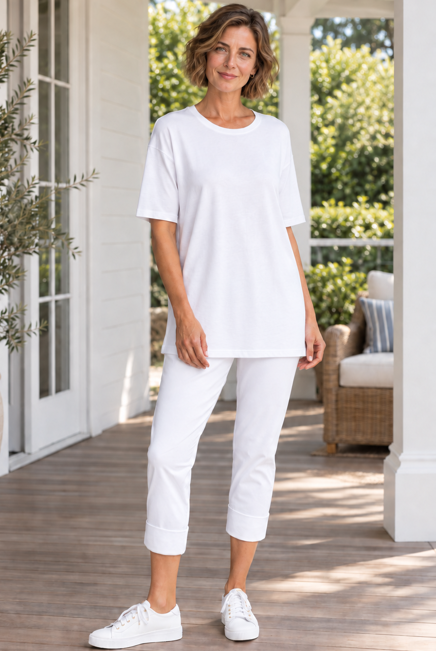 PAULA RYAN Wide Cuff Capri Pant - Microjersey White - Paula Ryan
