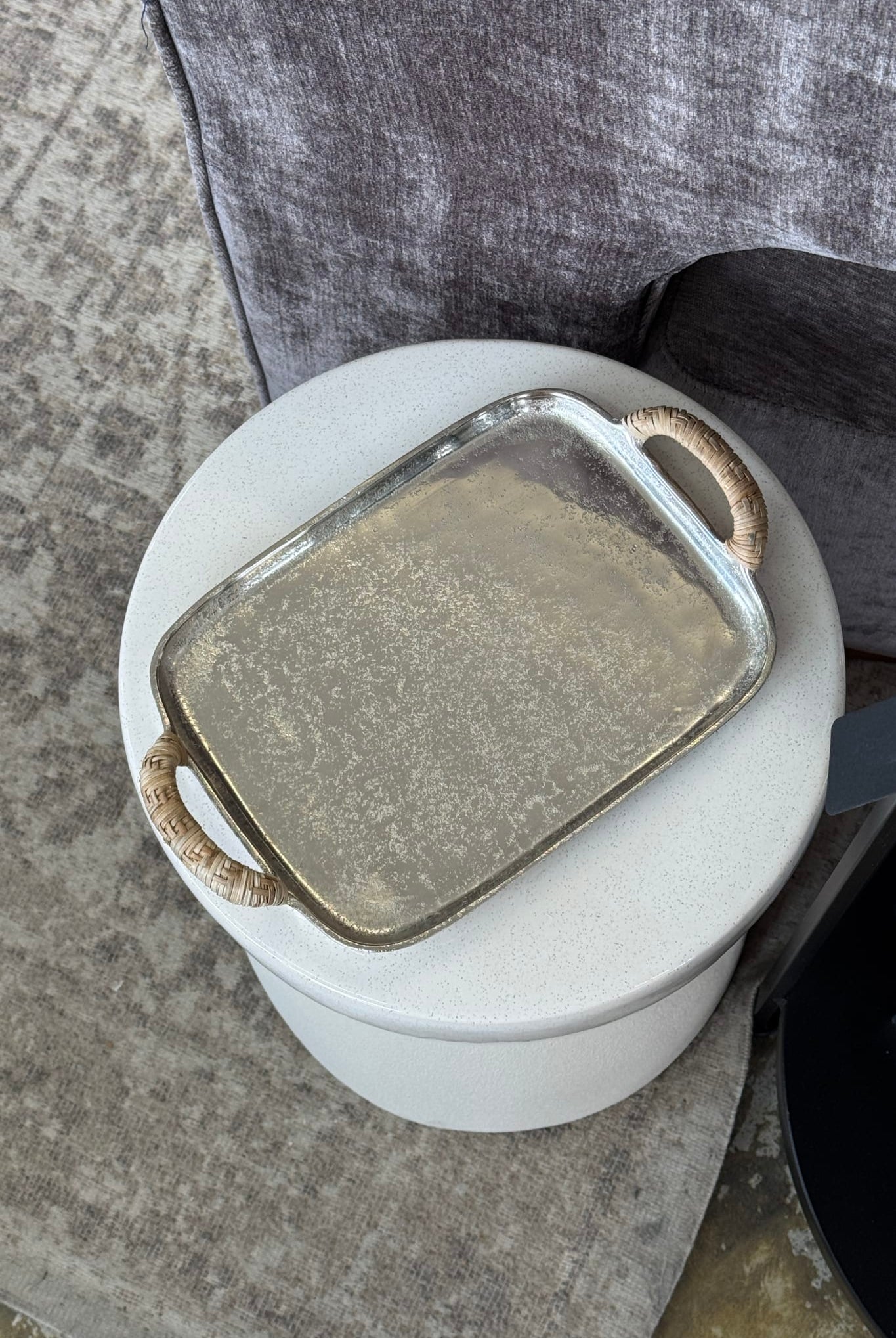 Nickel Plated Aluminium Tray with Natural Rattan Handles - Magpie Style