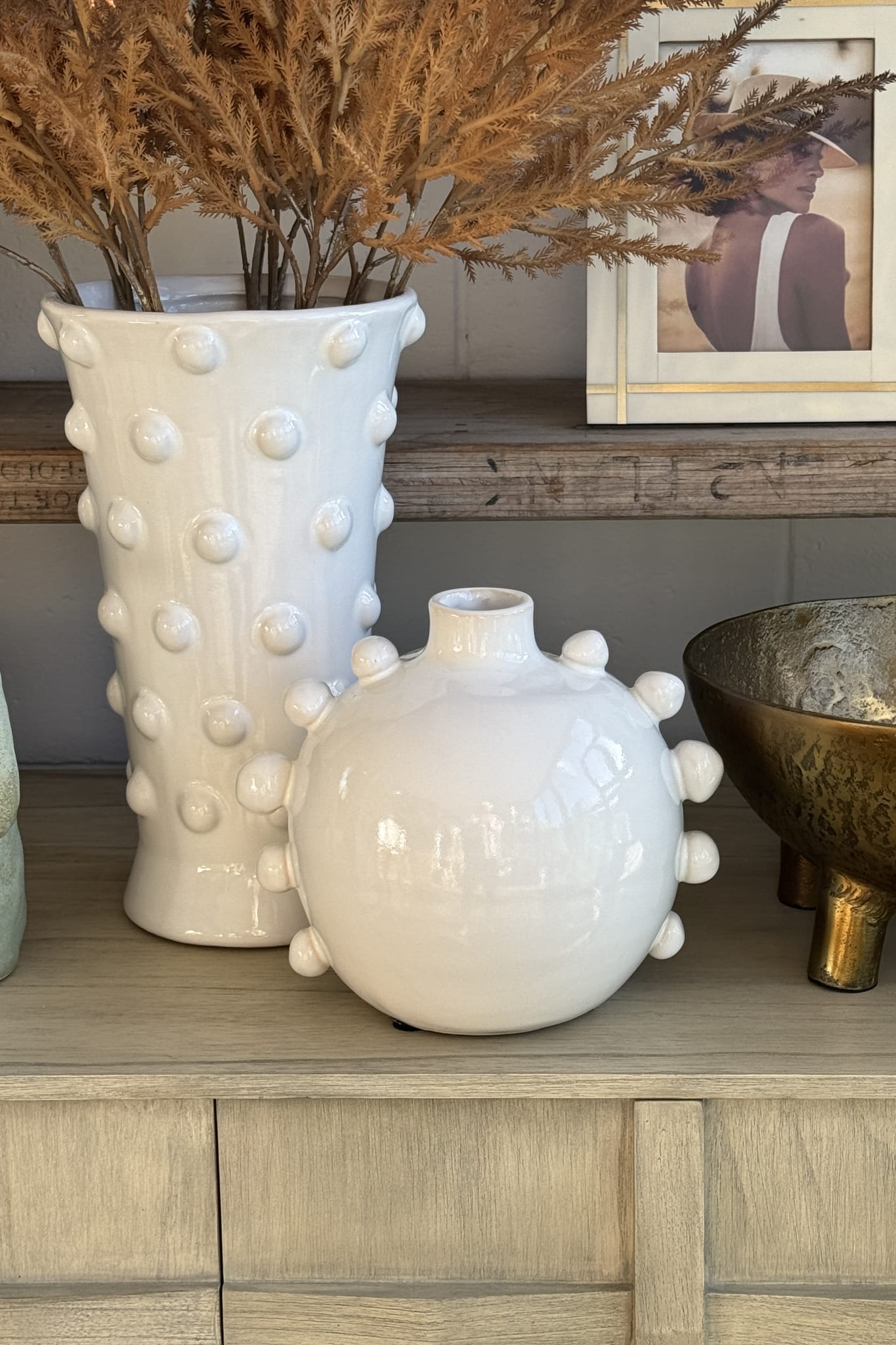 Terracotta Ball Trim Vase - White - Magpie Style