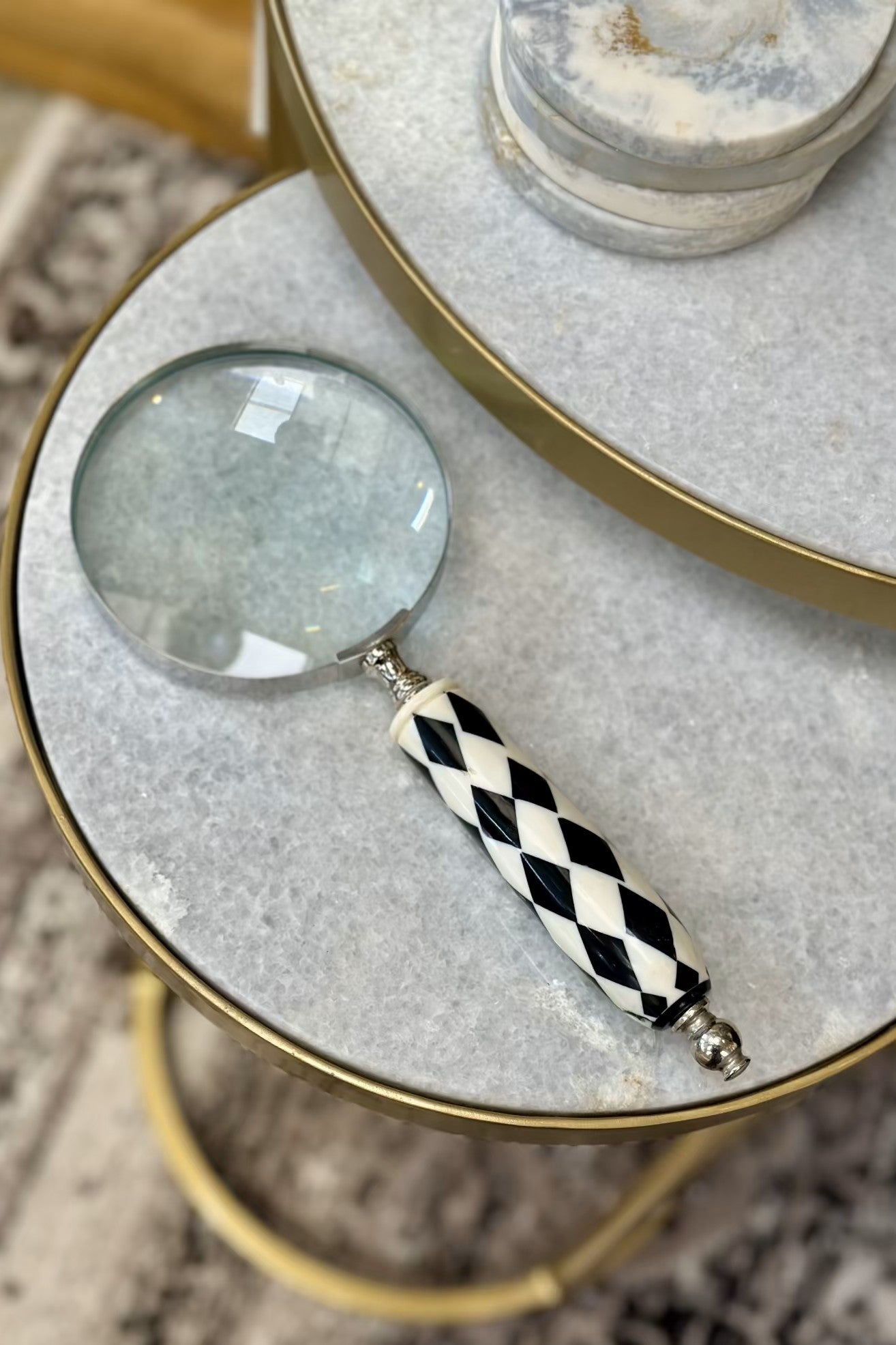 Brass Aluminium Magnifier with Black and White Handle - Magpie Style