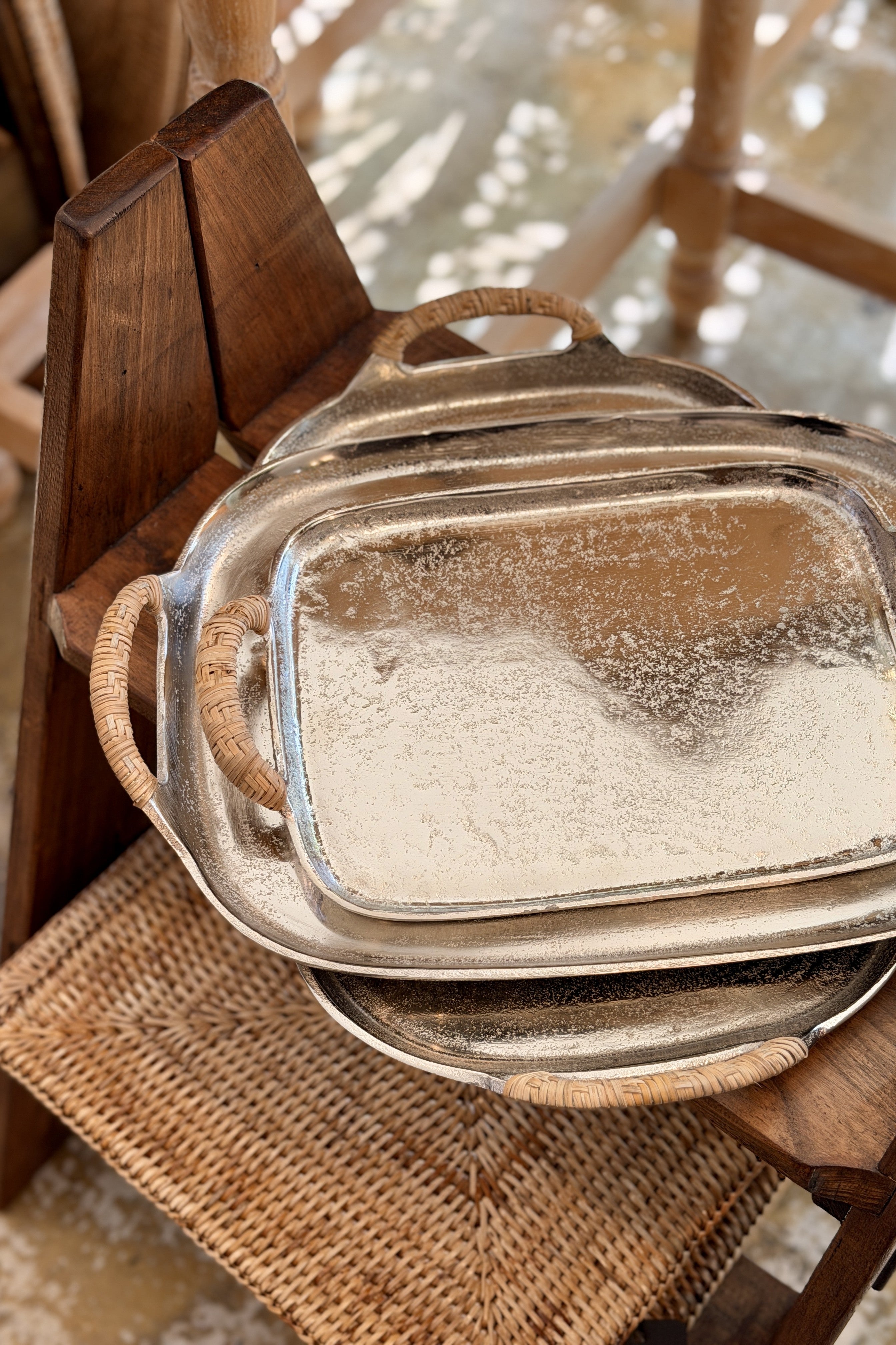 Nickel Plated Aluminium Tray with Natural Rattan Handles - Large - Magpie Style