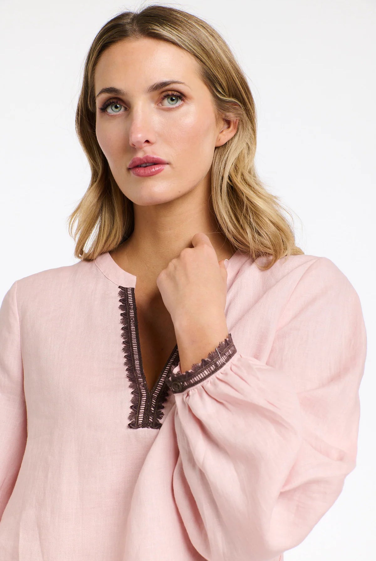 365 DAYS Anika Embroidered Linen Top - Dusty Pink/Choc - Magpie Style