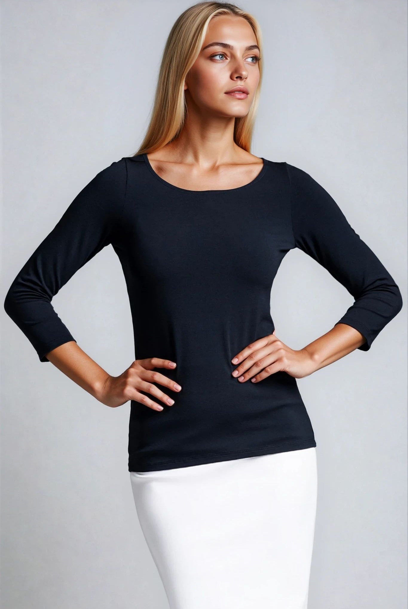 PAULA RYAN Slim Fit 3/4 Sleeve Wide Neck Top - Eco Vero Navy - Paula Ryan