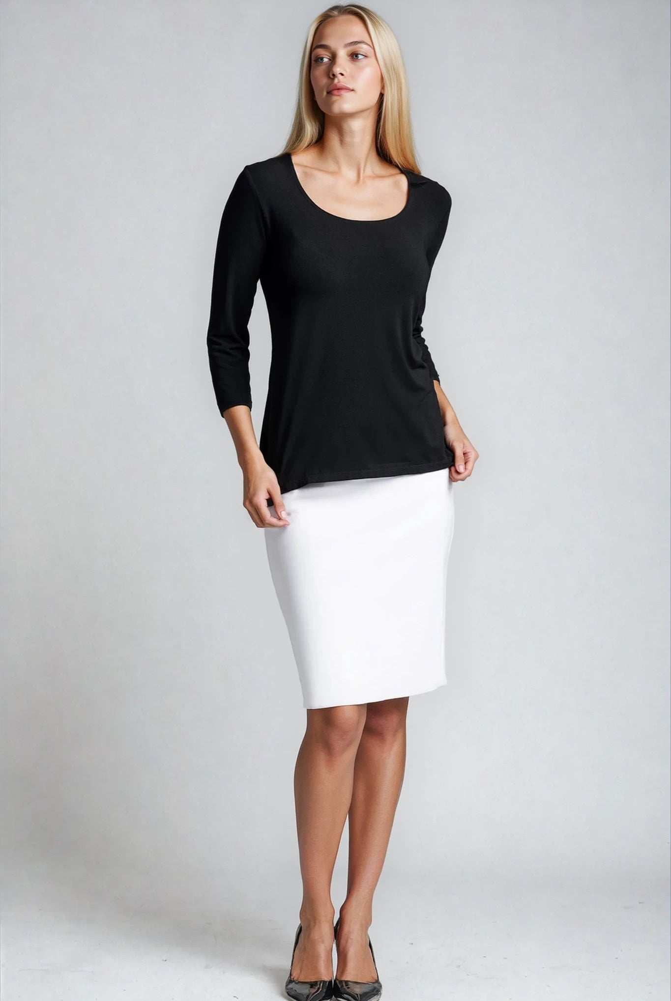 PAULA RYAN Easy Fit 3/4 Sleeve U Shape Neck Top - Eco Vero Black - Paula Ryan