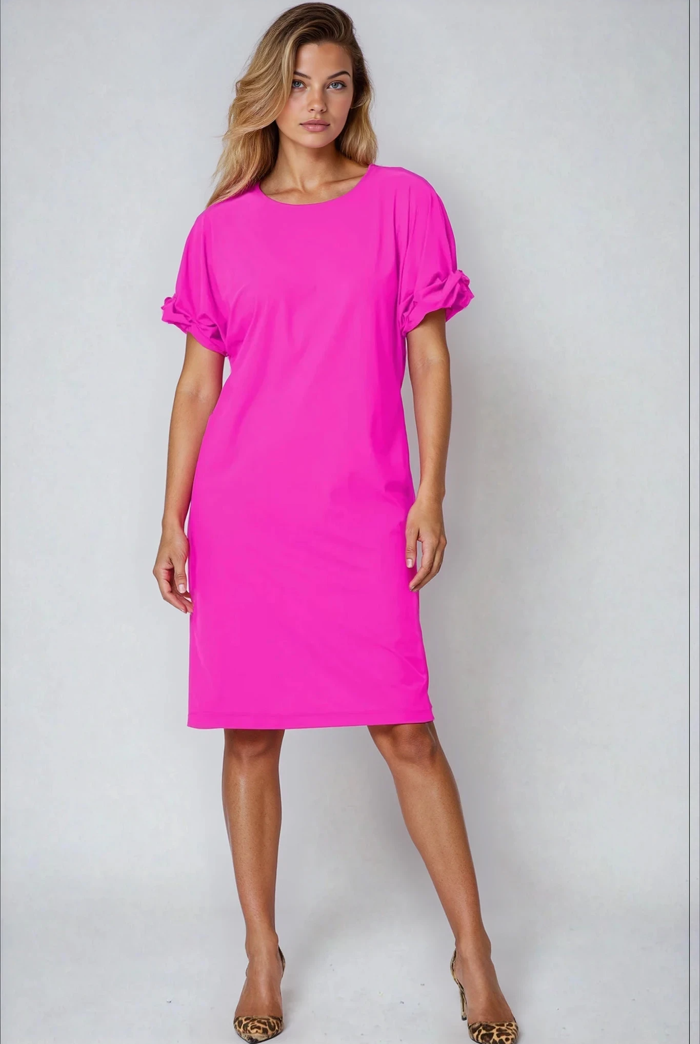 PAULA RYAN Ruched Sleeve Dress - Peony Microjersey - Paula Ryan
