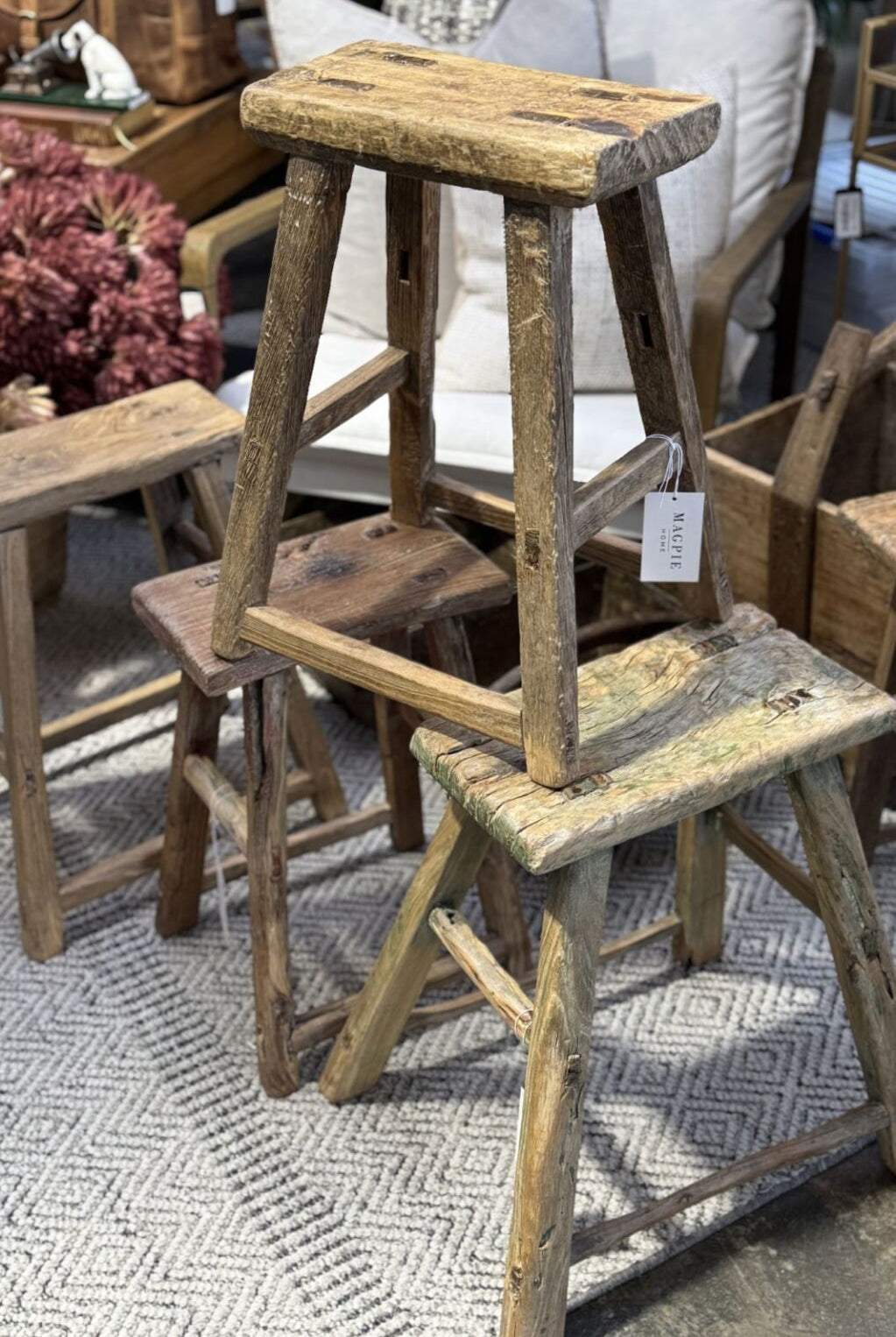 Antique Wooden Stool - Magpie Style