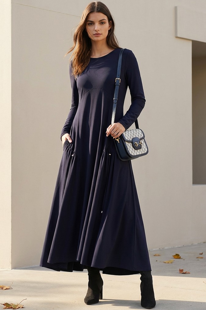 PAULA RYAN Long Sleeve Arched Front Dress - Navy - Paula Ryan