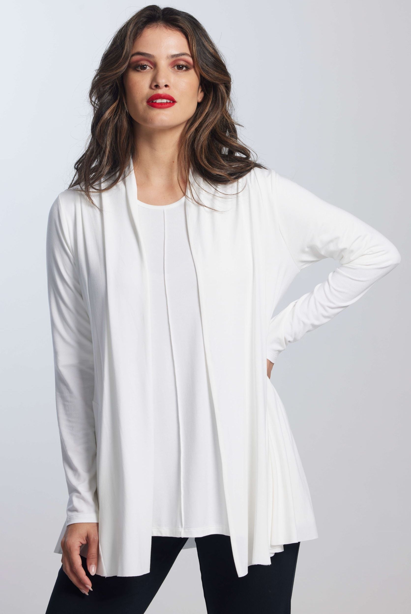 PAULA RYAN ESSENTIALS Easy Fit Panelled Cardigan - MicroModal - White - Paula Ryan