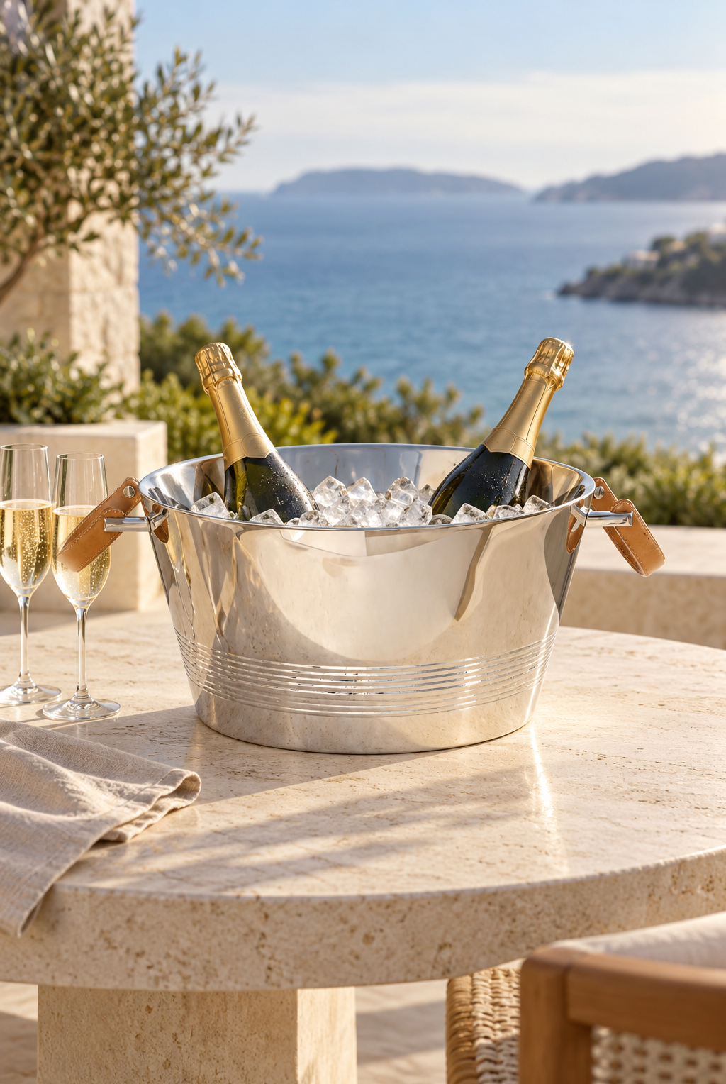 Monaco Soirée champagne bucket styled with champagne and ice on a coastal terrace