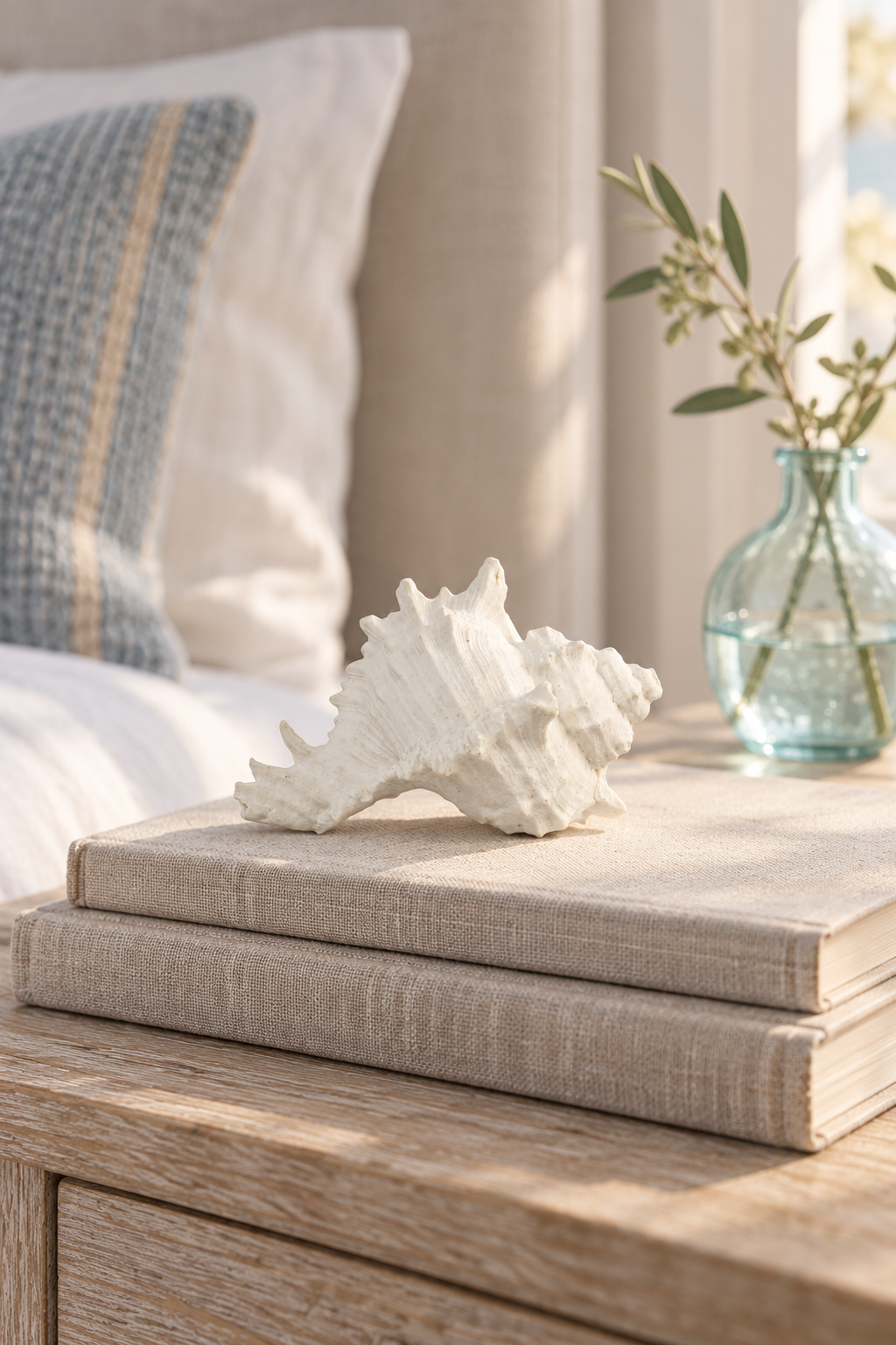 Small white Murex resin shell ornament styled on neutral books in a coastal bedroom