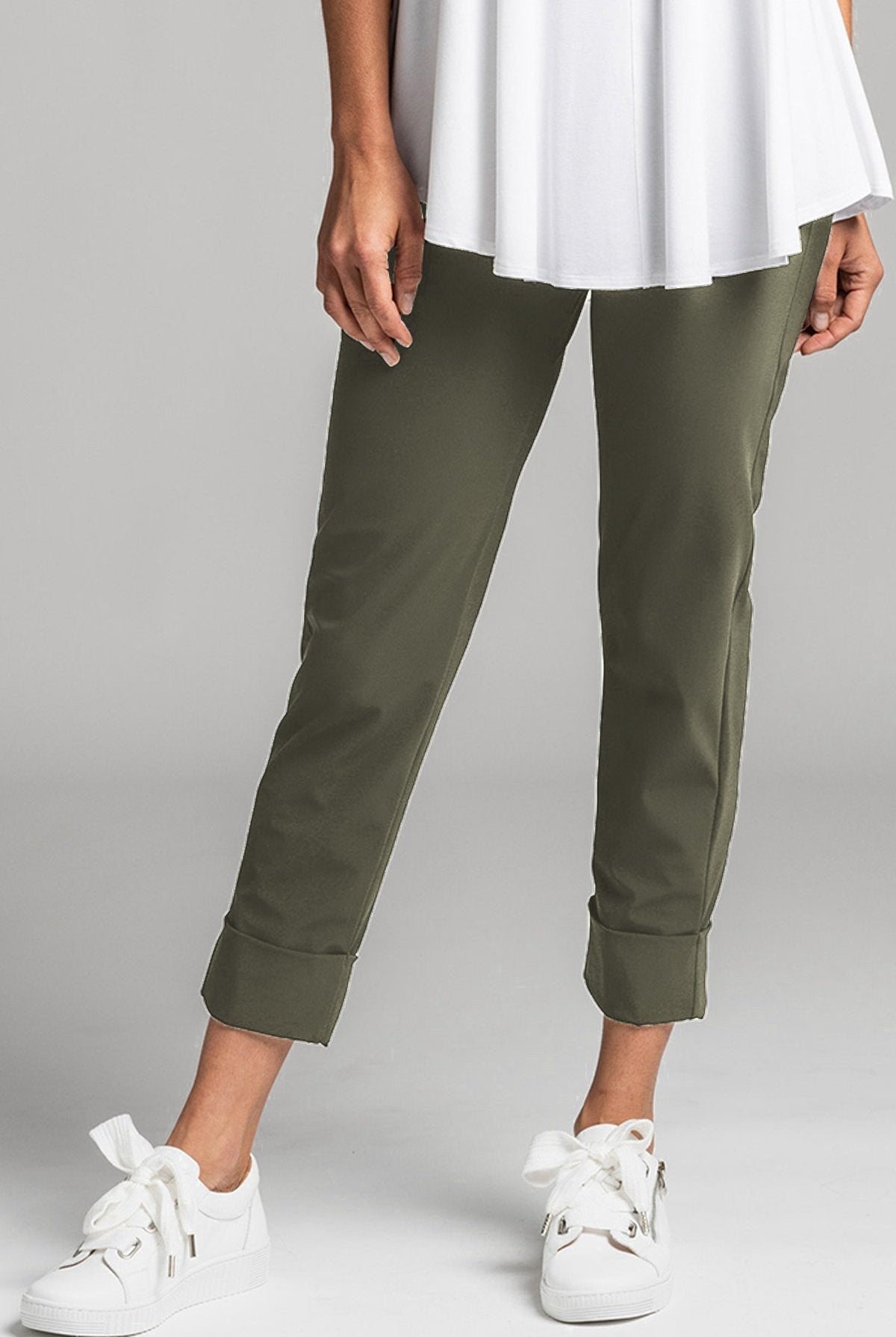 PAULA RYAN ESSENTIALS Wide Cuff Capri Pant - Classic Microjersey Khaki Green - Paula Ryan