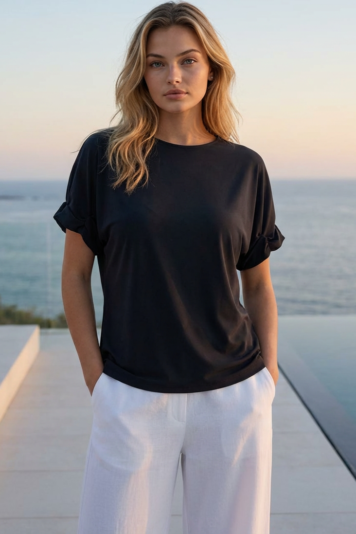 PAULA RYAN Rouched Sleeve Side Tuck Top - Black Microjersey - Paula Ryan