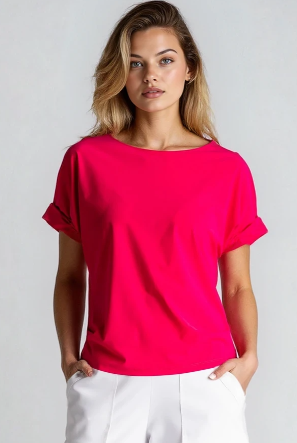 PAULA RYAN Ruched Sleeve Side Tuck Top - Electric Pink Microjersey - Paula Ryan