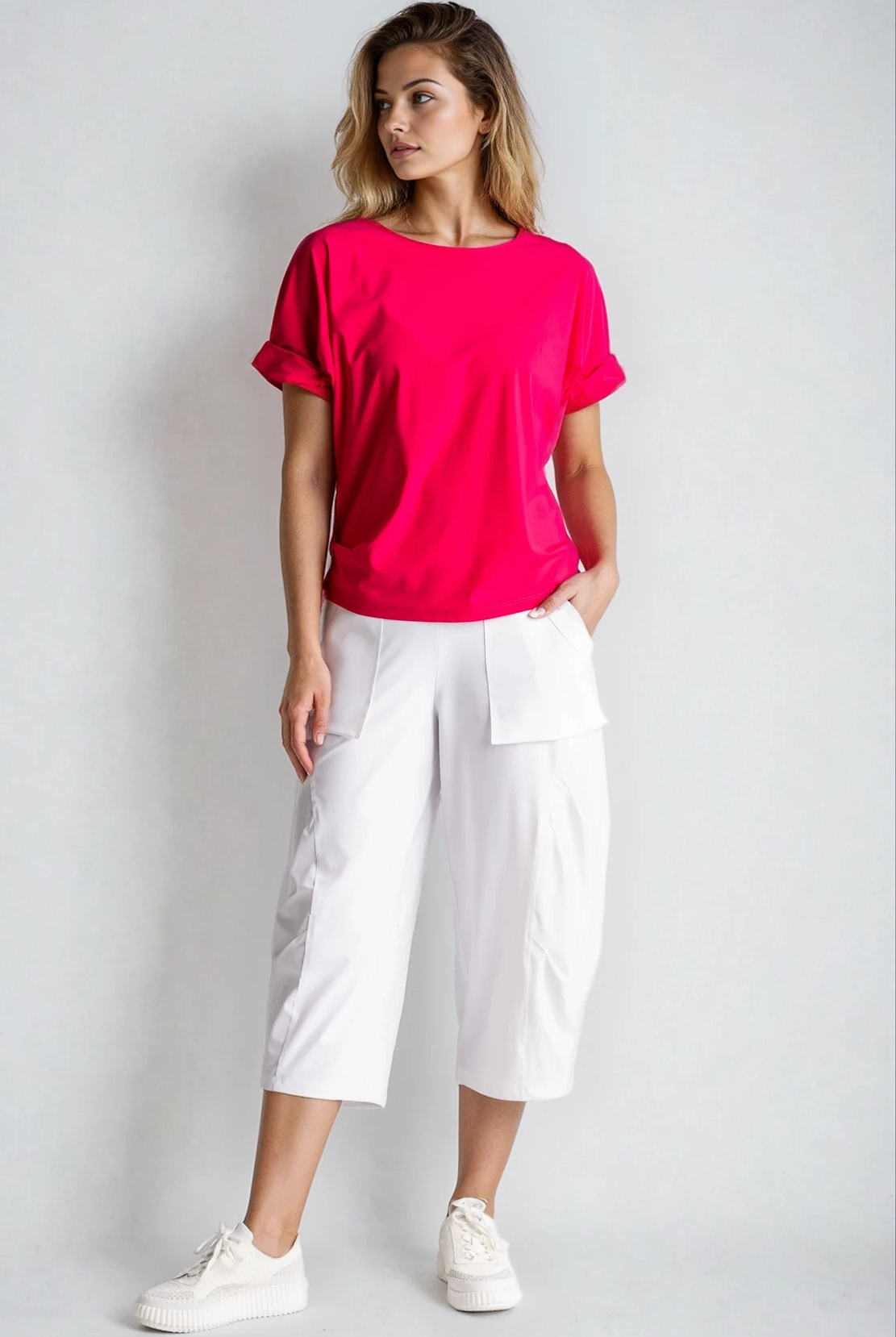 PAULA RYAN Ruched Sleeve Side Tuck Top - Electric Pink Microjersey - Paula Ryan
