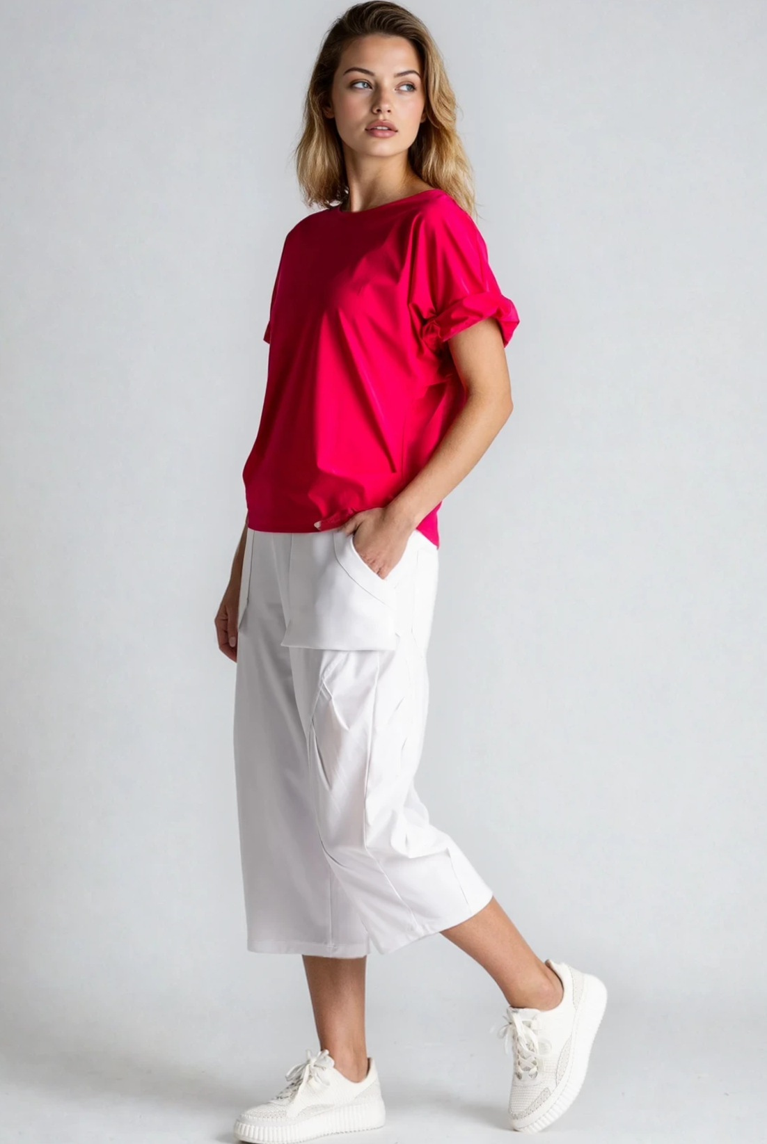 PAULA RYAN Ruched Sleeve Side Tuck Top - Electric Pink Microjersey - Paula Ryan