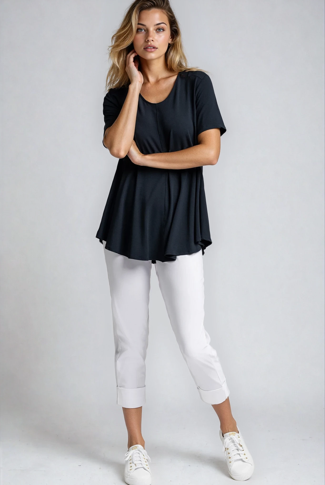 PAULA RYAN Wide Cuff Capri Pant - Microjersey White - Paula Ryan