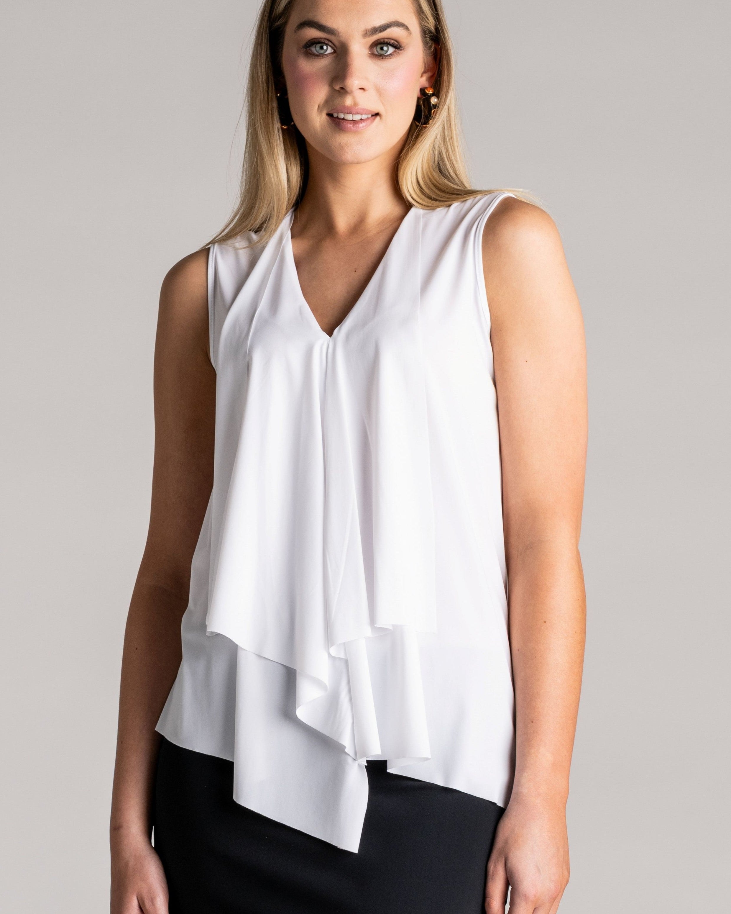 PAULA RYAN Sleeveless Drape Front Top Superfine Microjersey - White - Paula Ryan