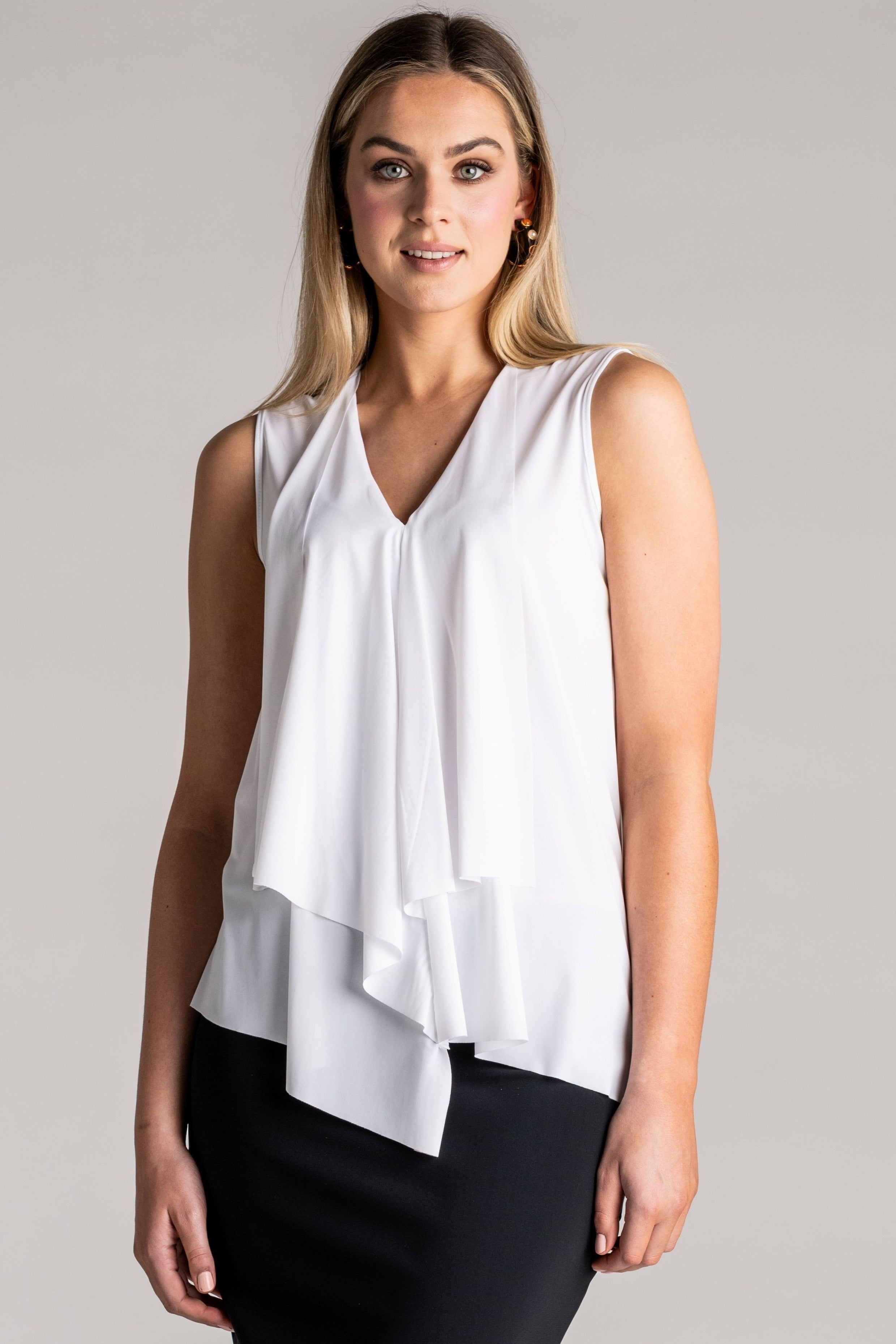 PAULA RYAN Sleeveless Drape Front Top Superfine Microjersey - White - Paula Ryan