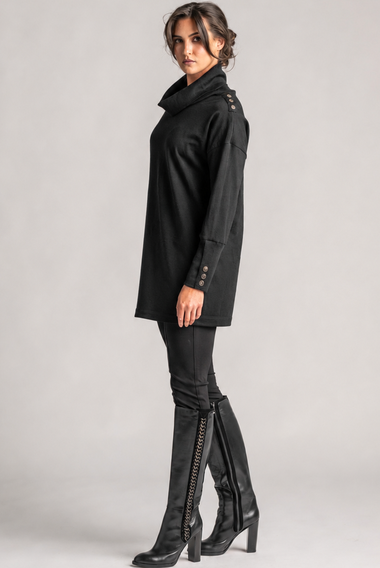 PAULA RYAN Gold Studded Roll Neck Tunic - Black Merino - Paula Ryan
