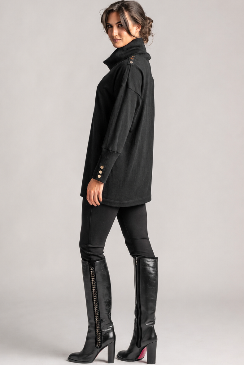 PAULA RYAN Gold Studded Roll Neck Tunic - Black Merino - Paula Ryan