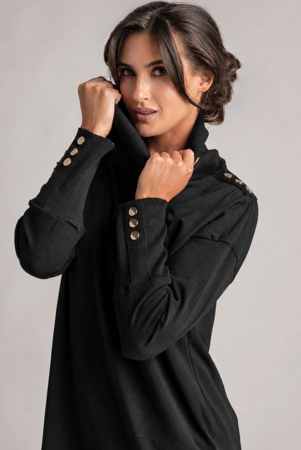 PAULA RYAN Gold Studded Roll Neck Tunic - Black Merino - Paula Ryan