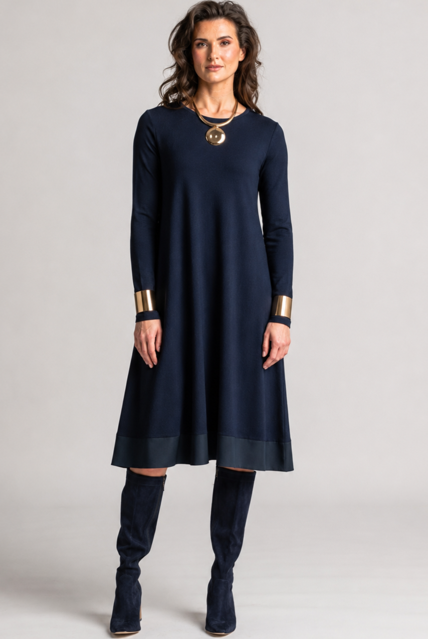 PAULA RYAN Banded Dinner Dress - Navy Merino - Paula Ryan