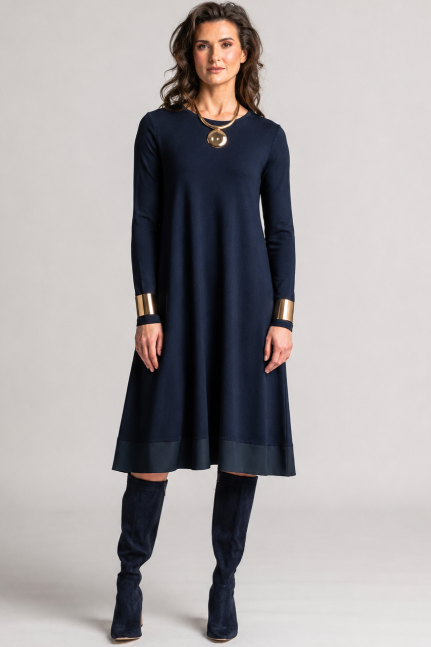 PAULA RYAN Banded Dinner Dress - Navy Merino - Paula Ryan
