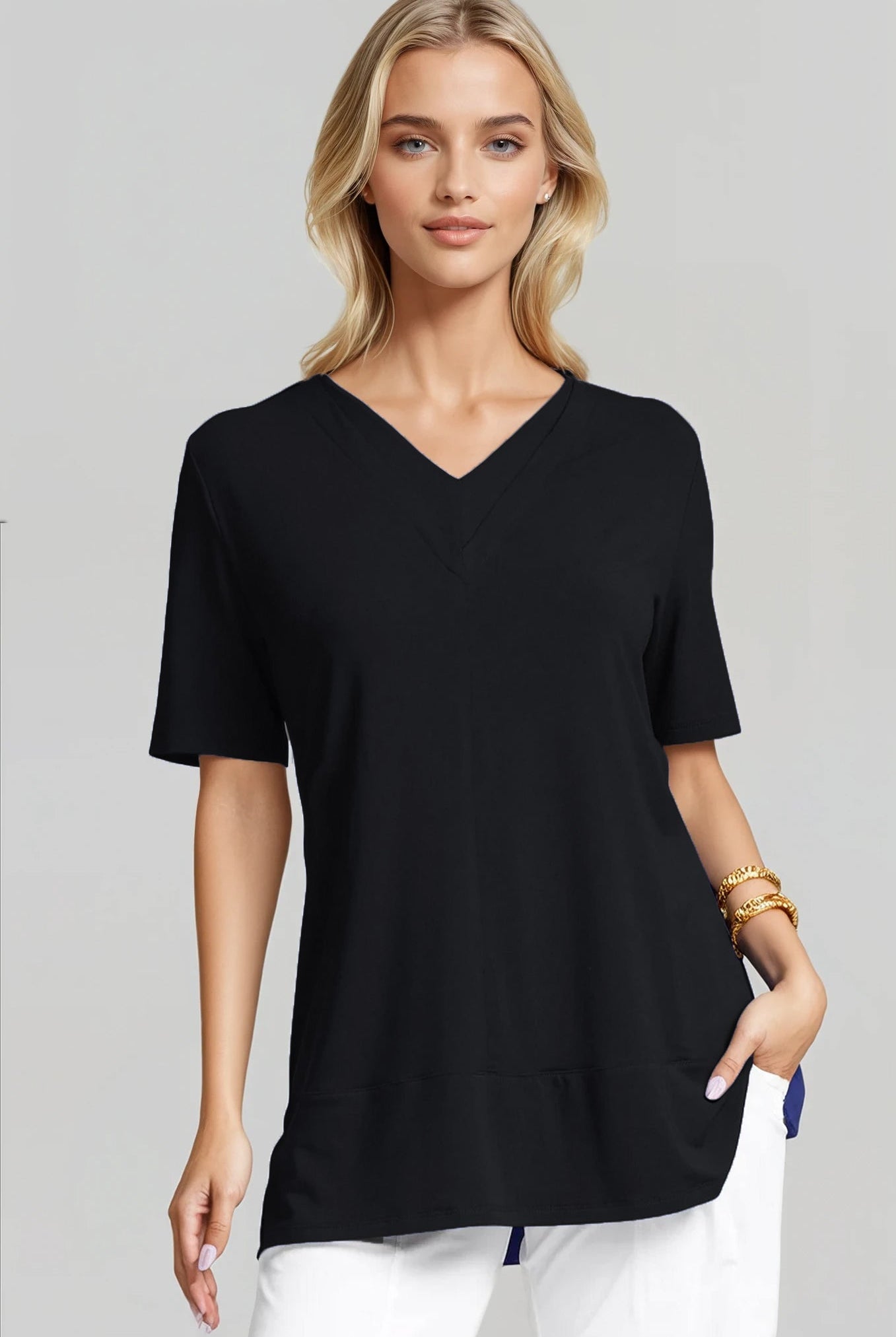 PAULA RYAN Double V Neck Top – Micromodal Black - Paula Ryan