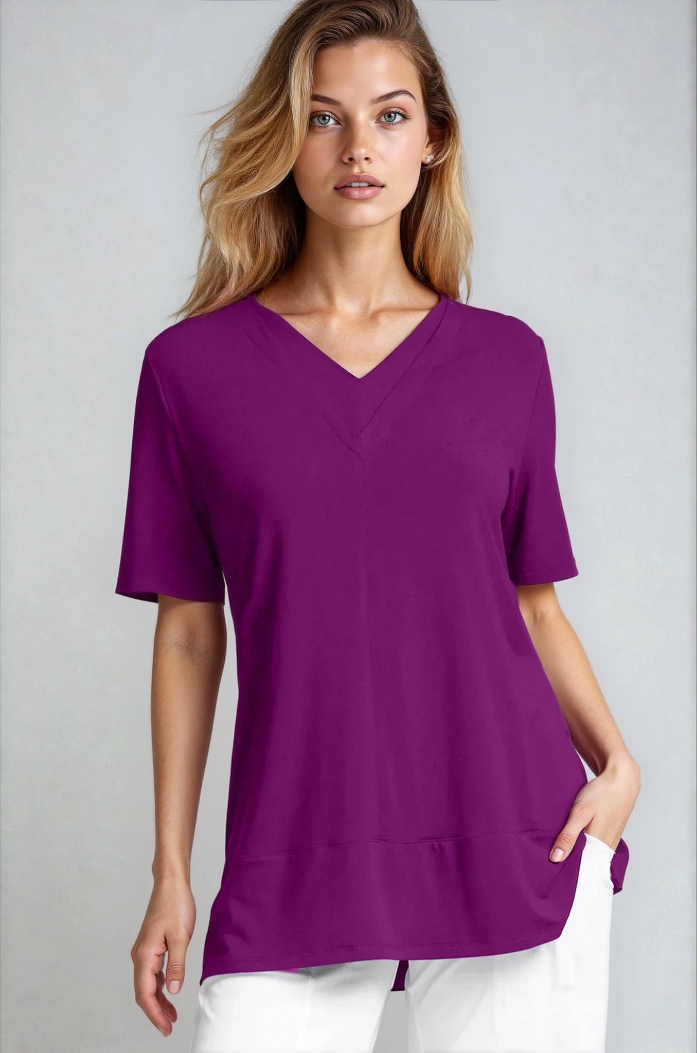 PAULA RYAN Double V Neck Top – Micromodal Currant - Paula Ryan