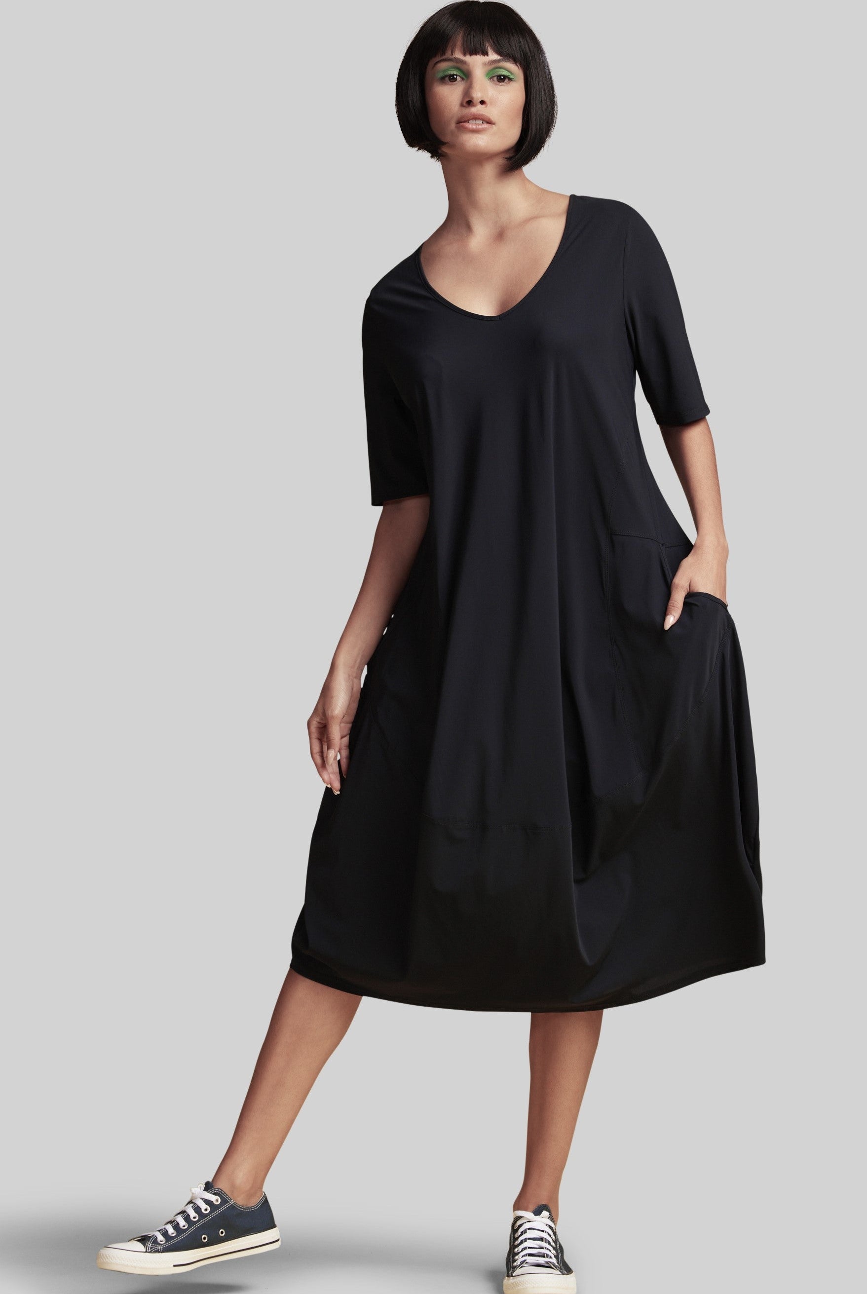 PAULA RYAN Scoop V 1/2 Sleeve Tulip Dress - Black - Microjersey - Paula Ryan