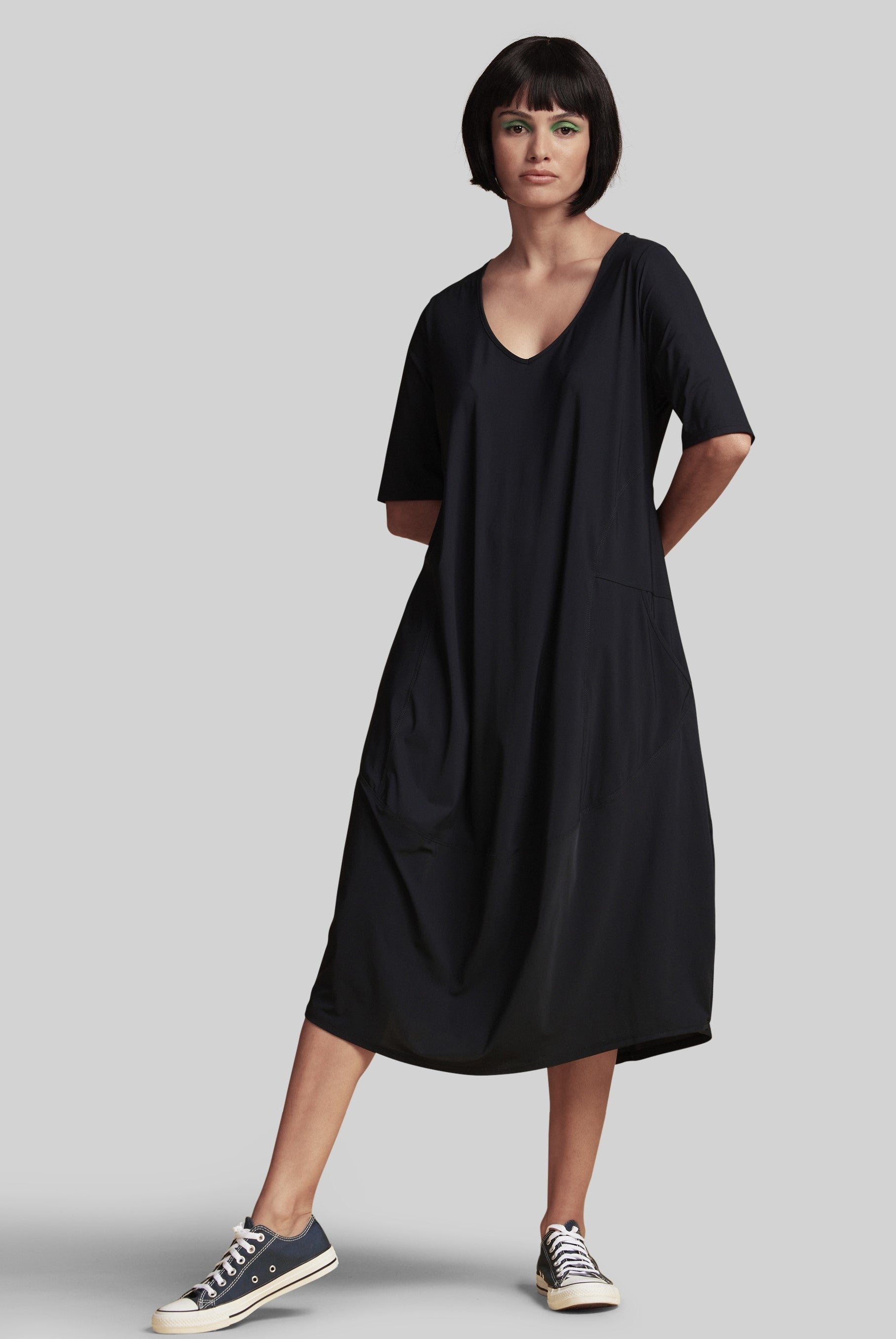 PAULA RYAN Scoop V 1/2 Sleeve Tulip Dress - Black - Microjersey - Paula Ryan