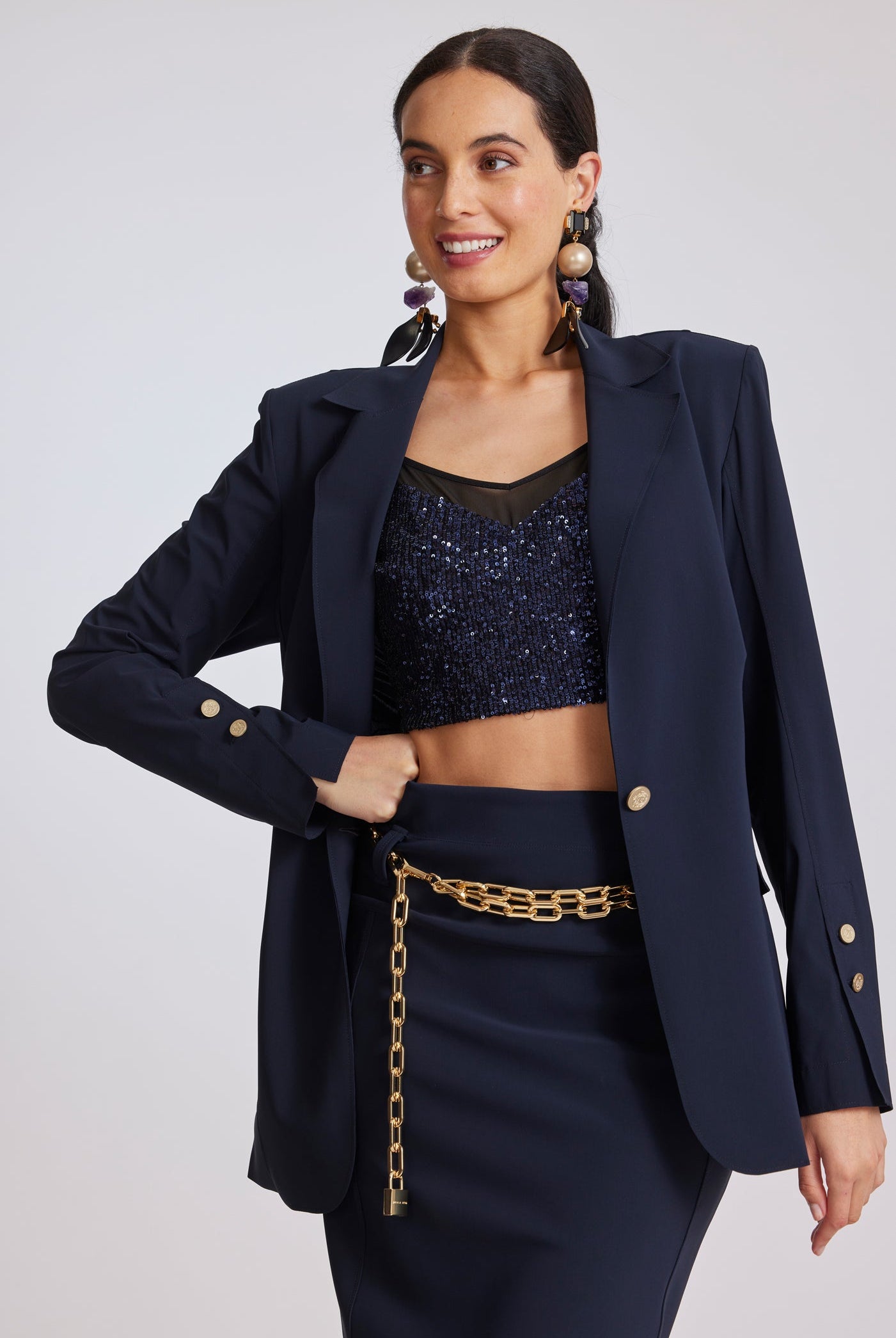 PAULA RYAN Long-line Boyfriend Jacket - Microjersey Navy - Paula Ryan