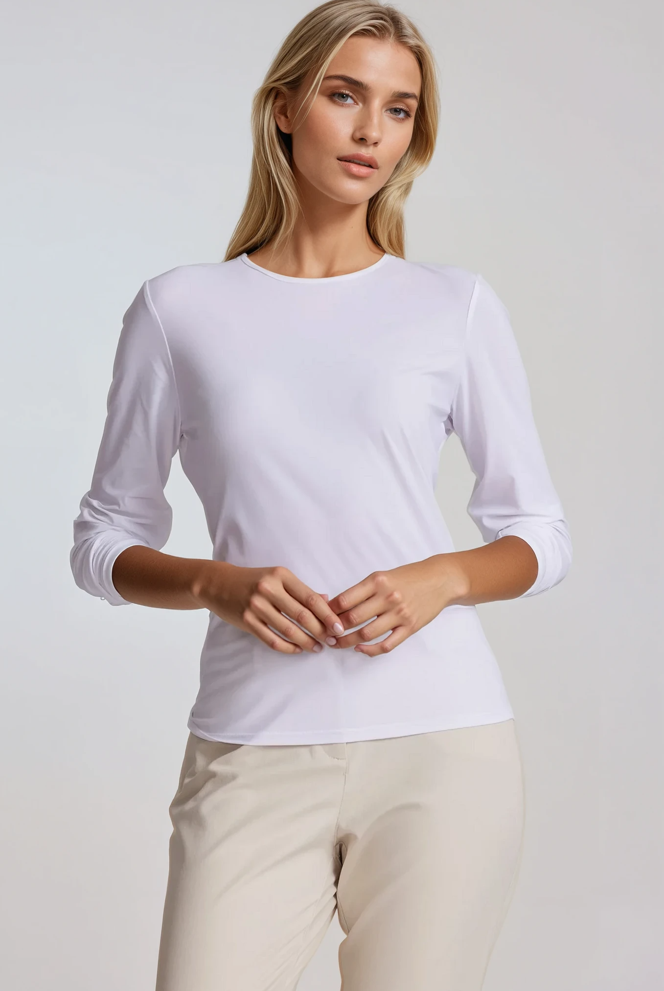 PAULA RYAN Crew Neck Long Sleeve Body Tee Classic Microjersey - White - Paula Ryan