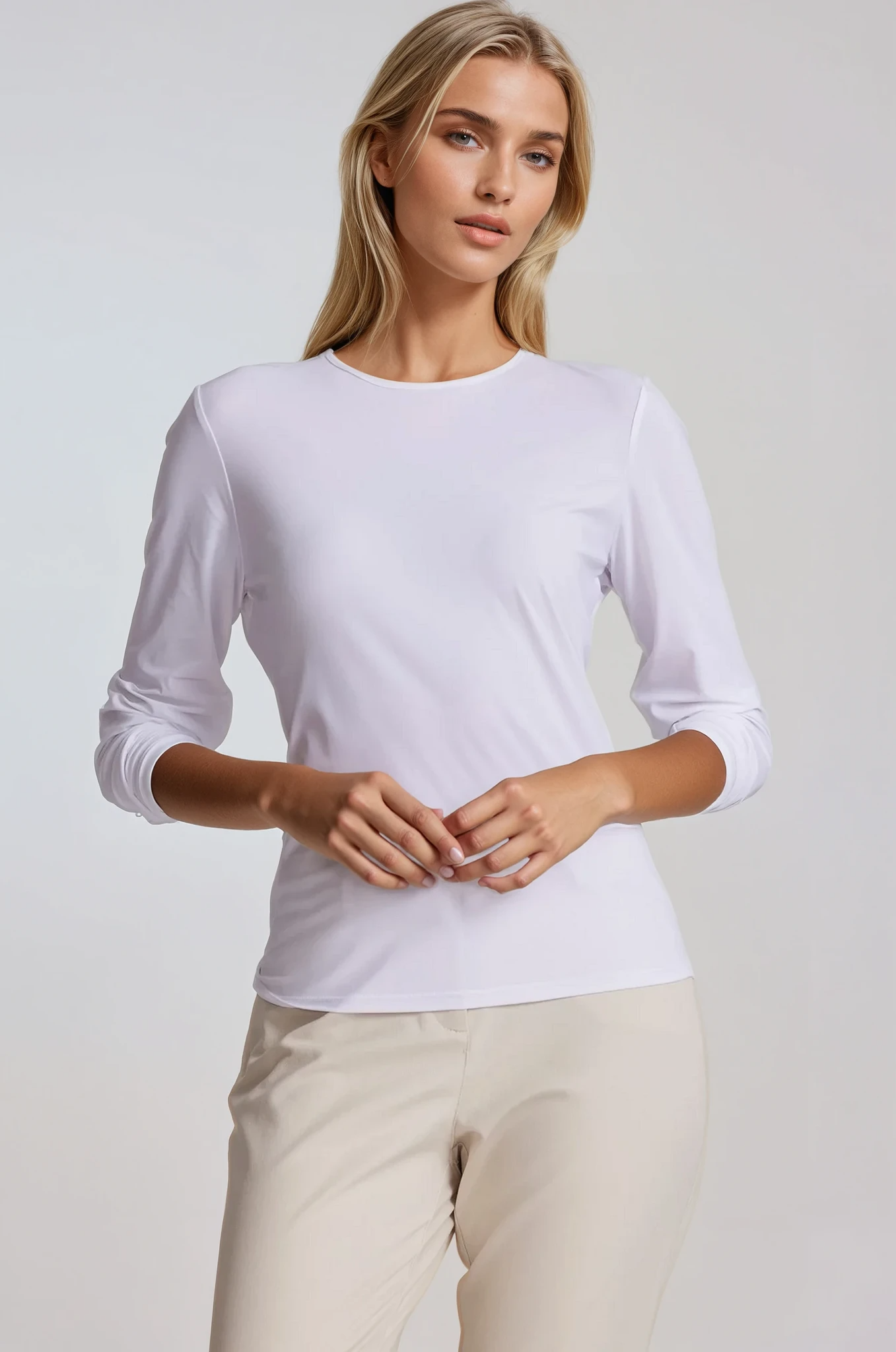 PAULA RYAN Crew Neck Long Sleeve Body Tee Classic Microjersey - White - Paula Ryan