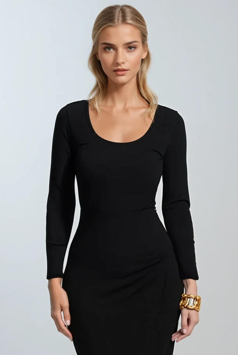PAULA RYAN Scoop Neck Long Sleeve Body Tee Classic Microjersey - Black - Paula Ryan
