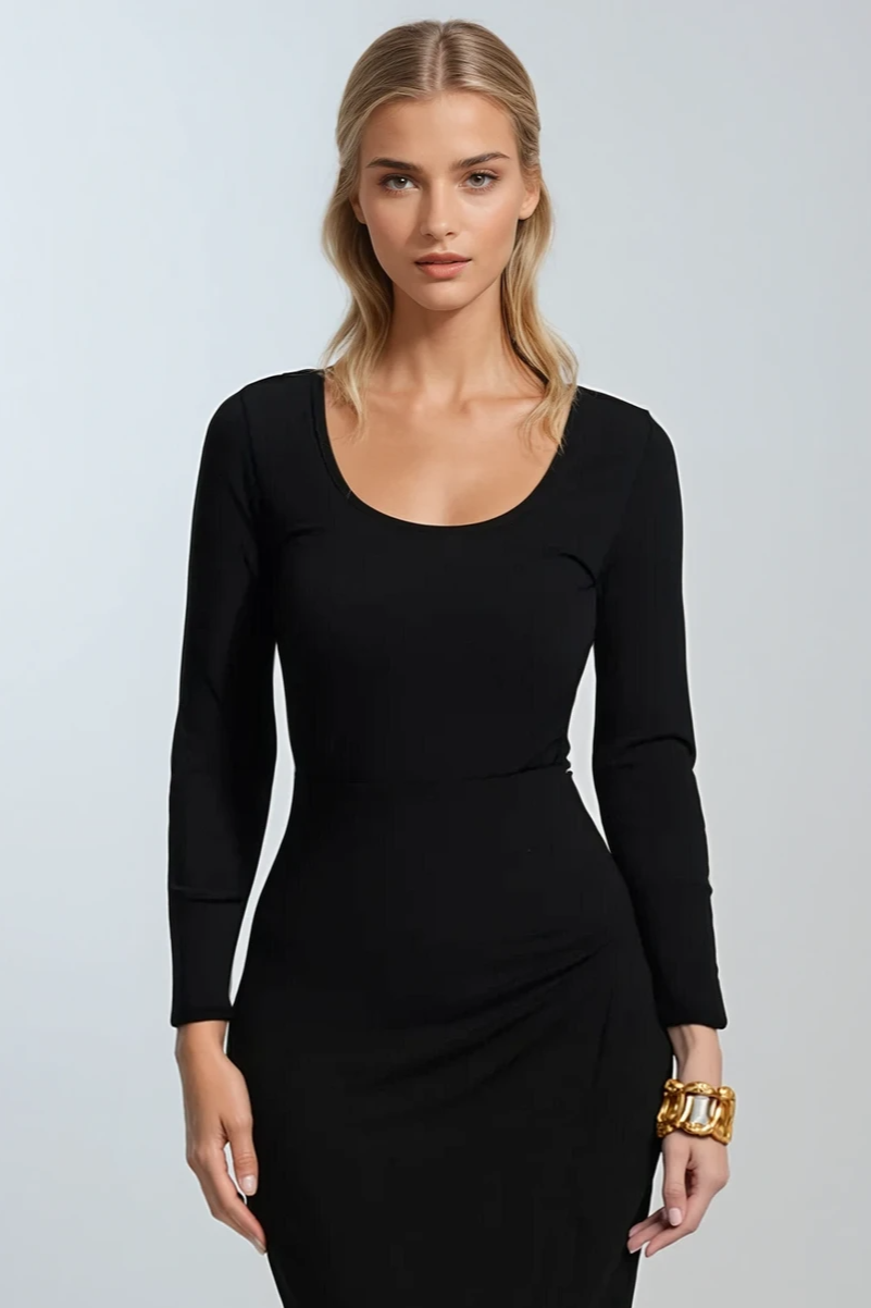PAULA RYAN Scoop Neck Long Sleeve Body Tee Classic Microjersey - Black - Paula Ryan