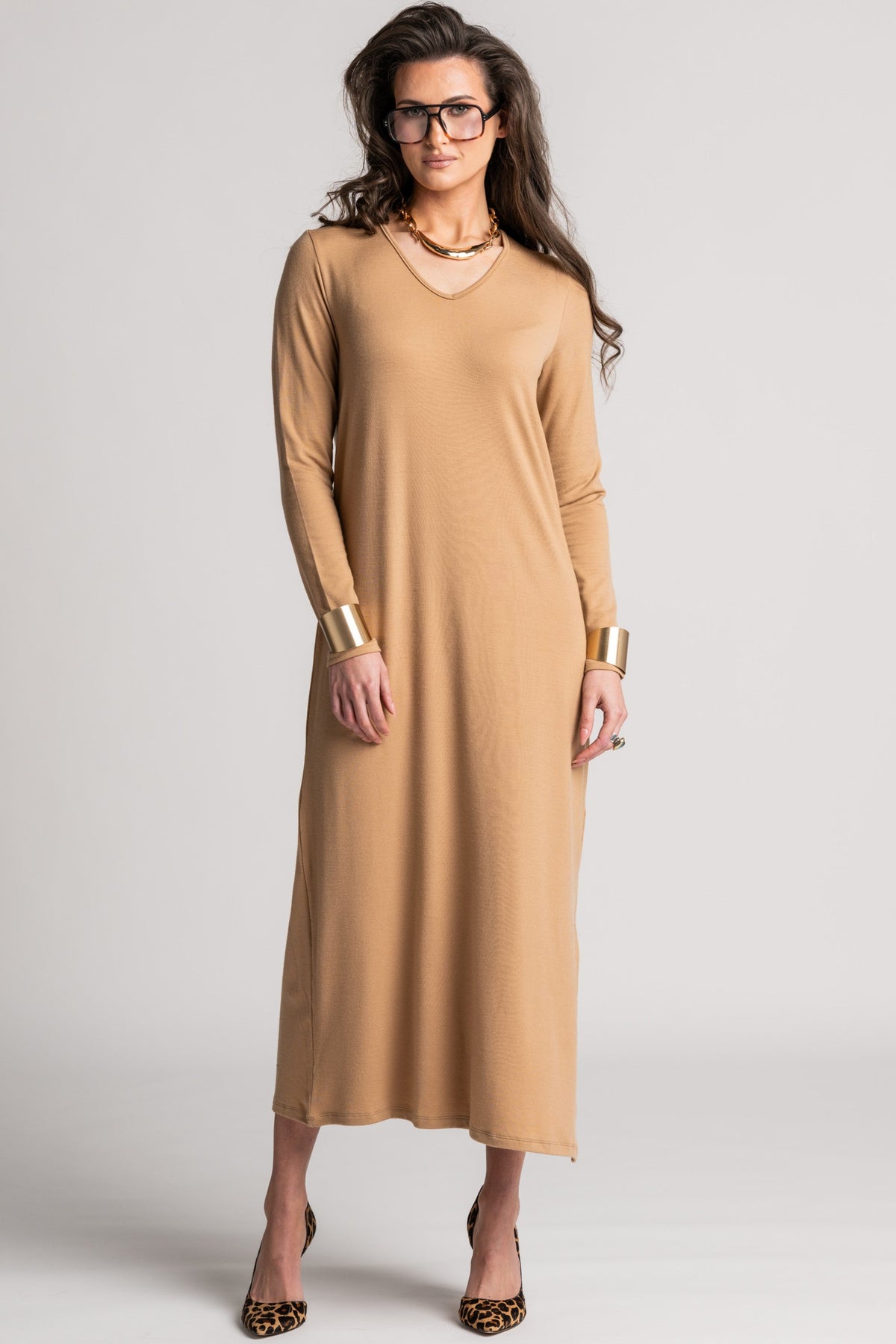 PAULA RYAN V Neck Sheath Dress - Camel Merino - Paula Ryan