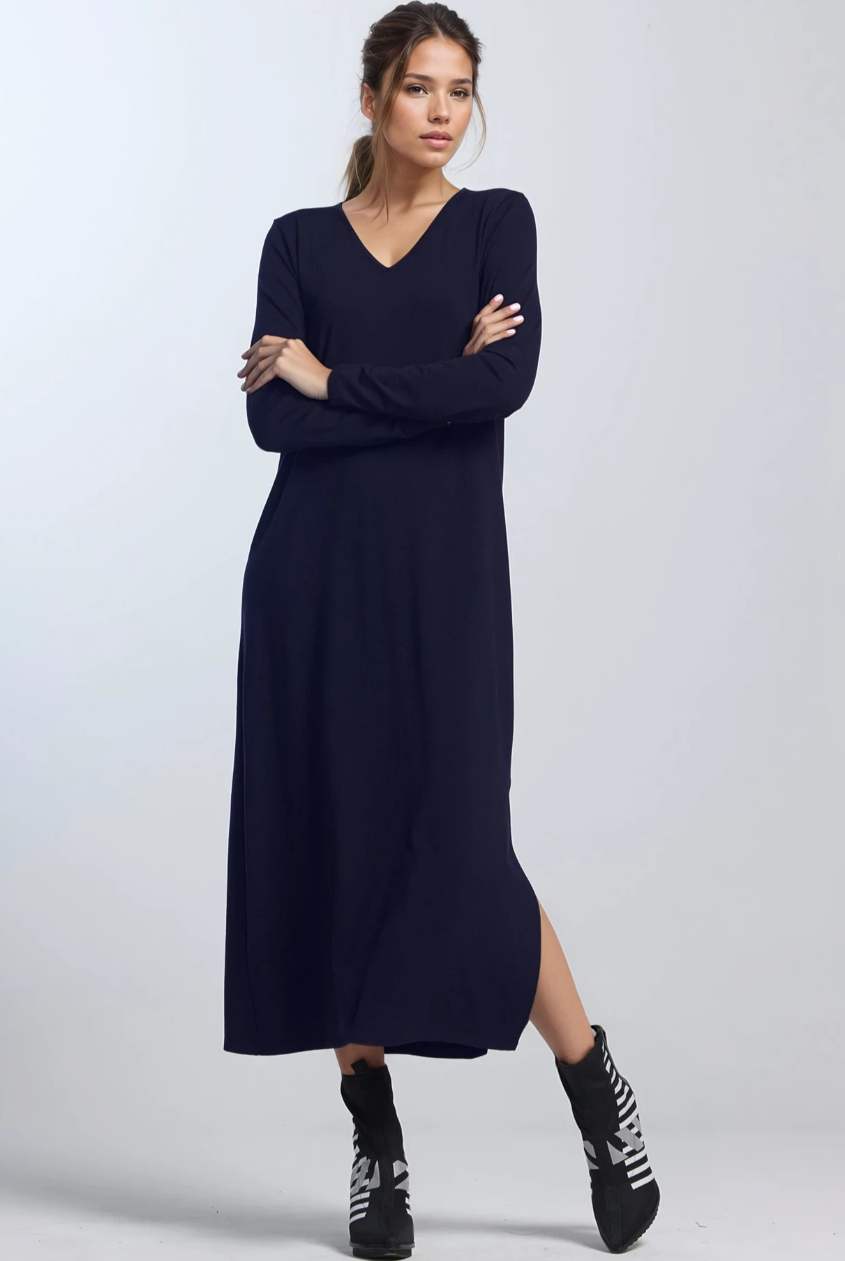 PAULA RYAN V Neck Sheath Dress - Navy Merino - Paula Ryan