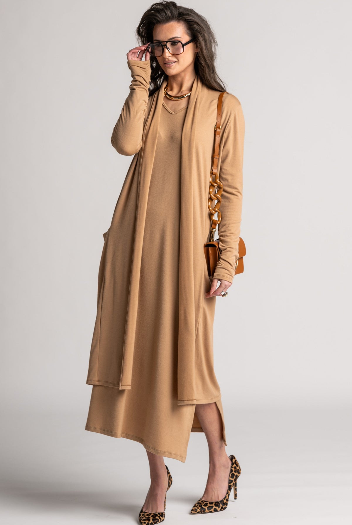 PAULA RYAN V Neck Sheath Dress - Camel Merino - Paula Ryan