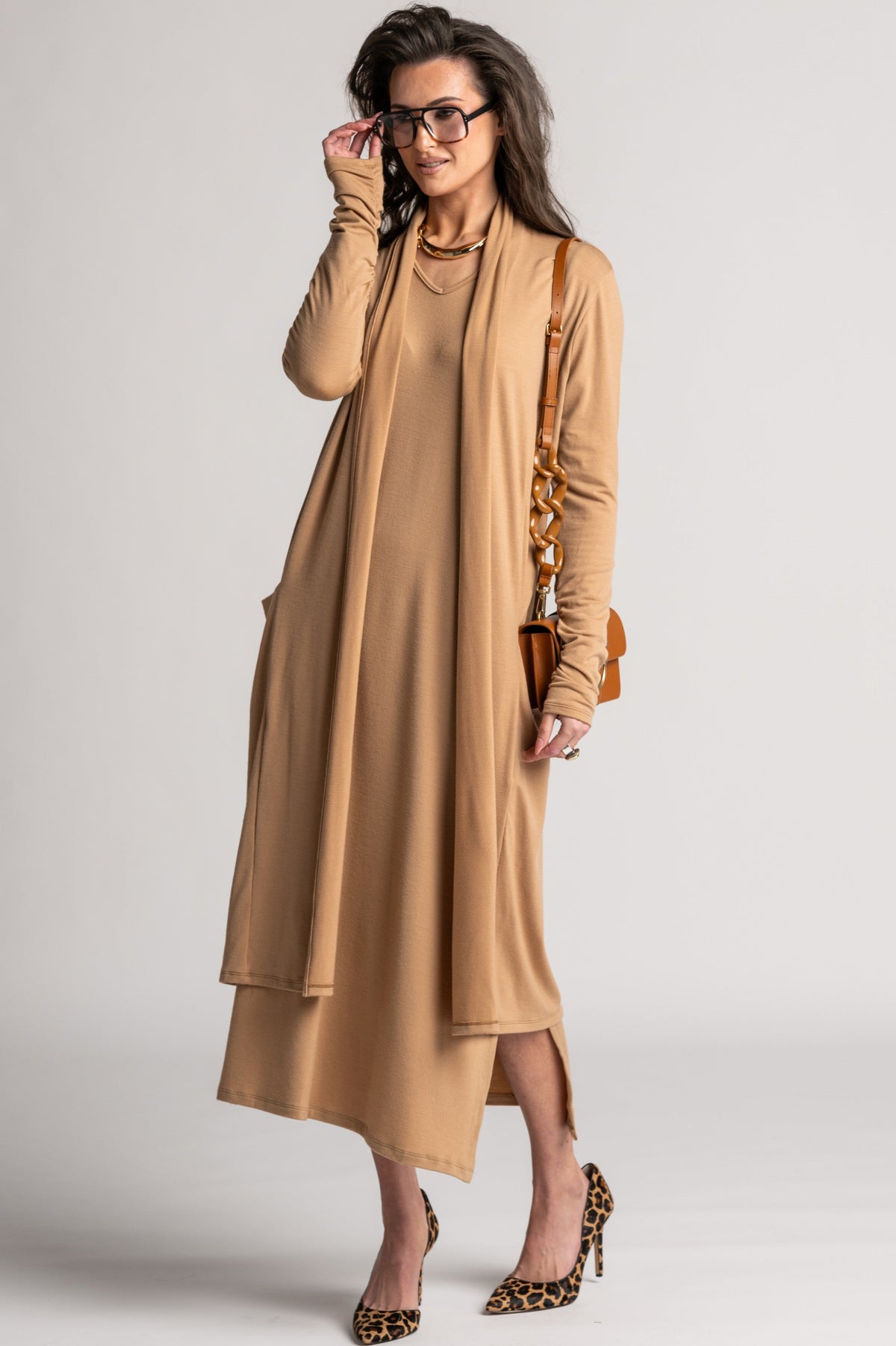 PAULA RYAN V Neck Sheath Dress - Camel Merino - Paula Ryan