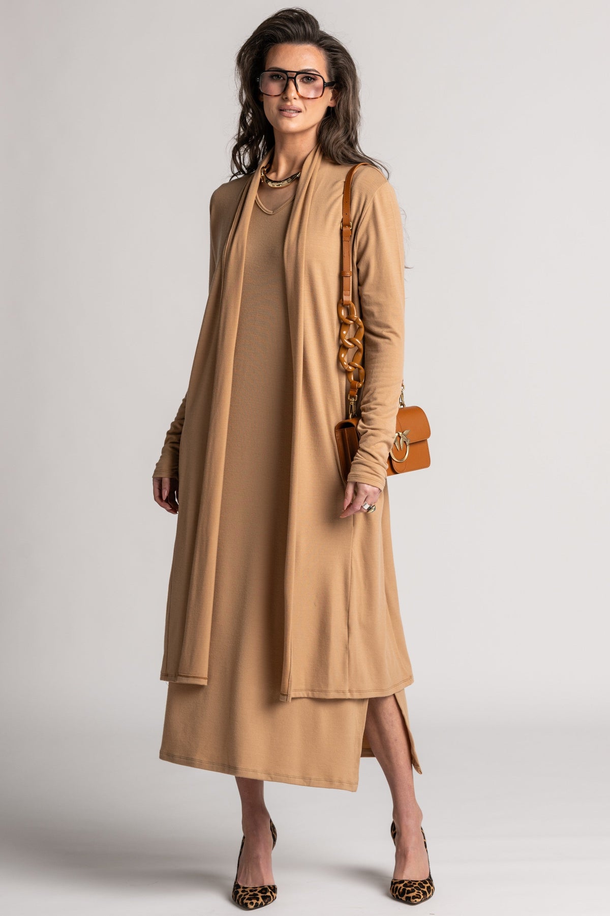 PAULA RYAN V Neck Sheath Dress - Camel Merino - Paula Ryan