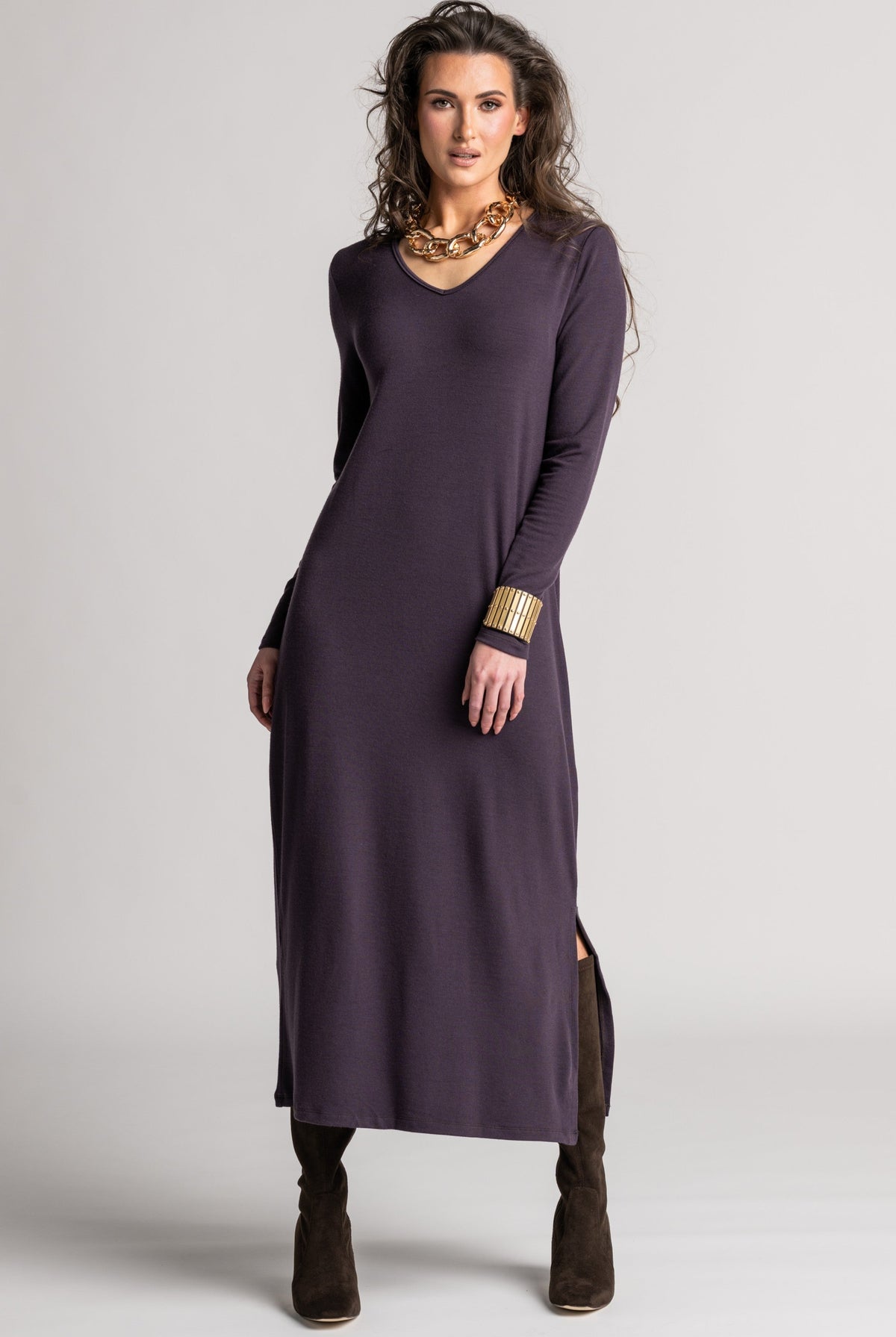 PAULA RYAN V Neck Sheath Dress - Cocoa Plum Merino - Paula Ryan