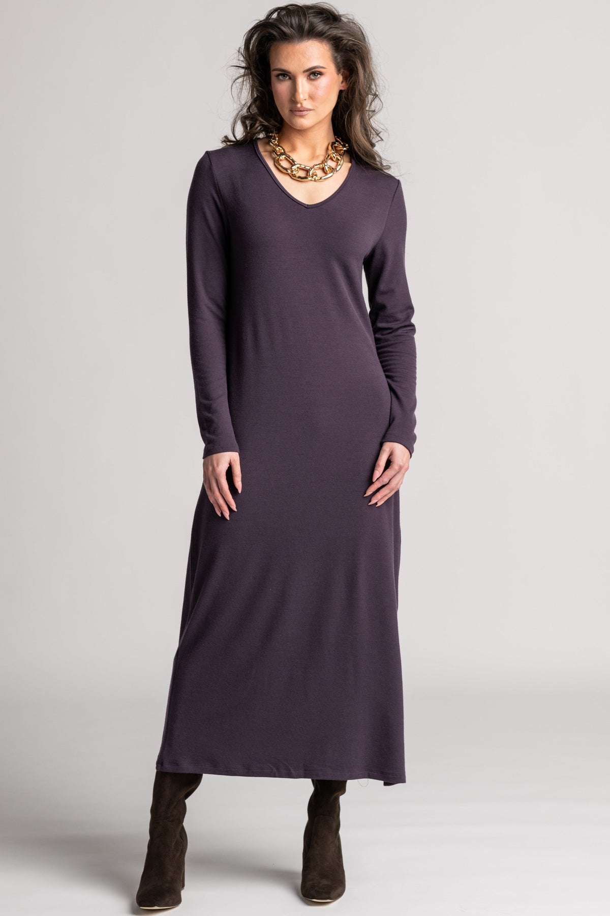 PAULA RYAN V Neck Sheath Dress - Cocoa Plum Merino - Paula Ryan